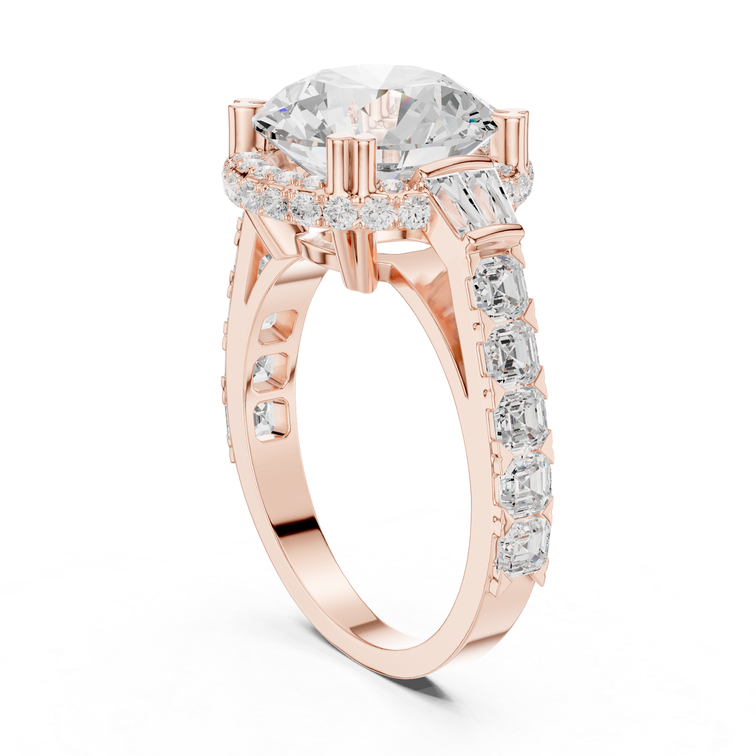 Round Diamond Halo Engagement Ring with Geometric Shoulders