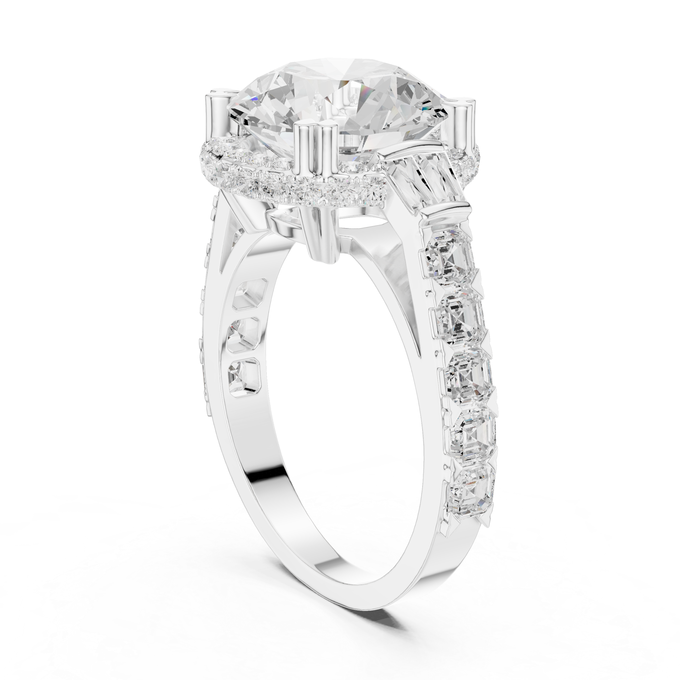 Round Diamond Halo Engagement Ring with Geometric Shoulders