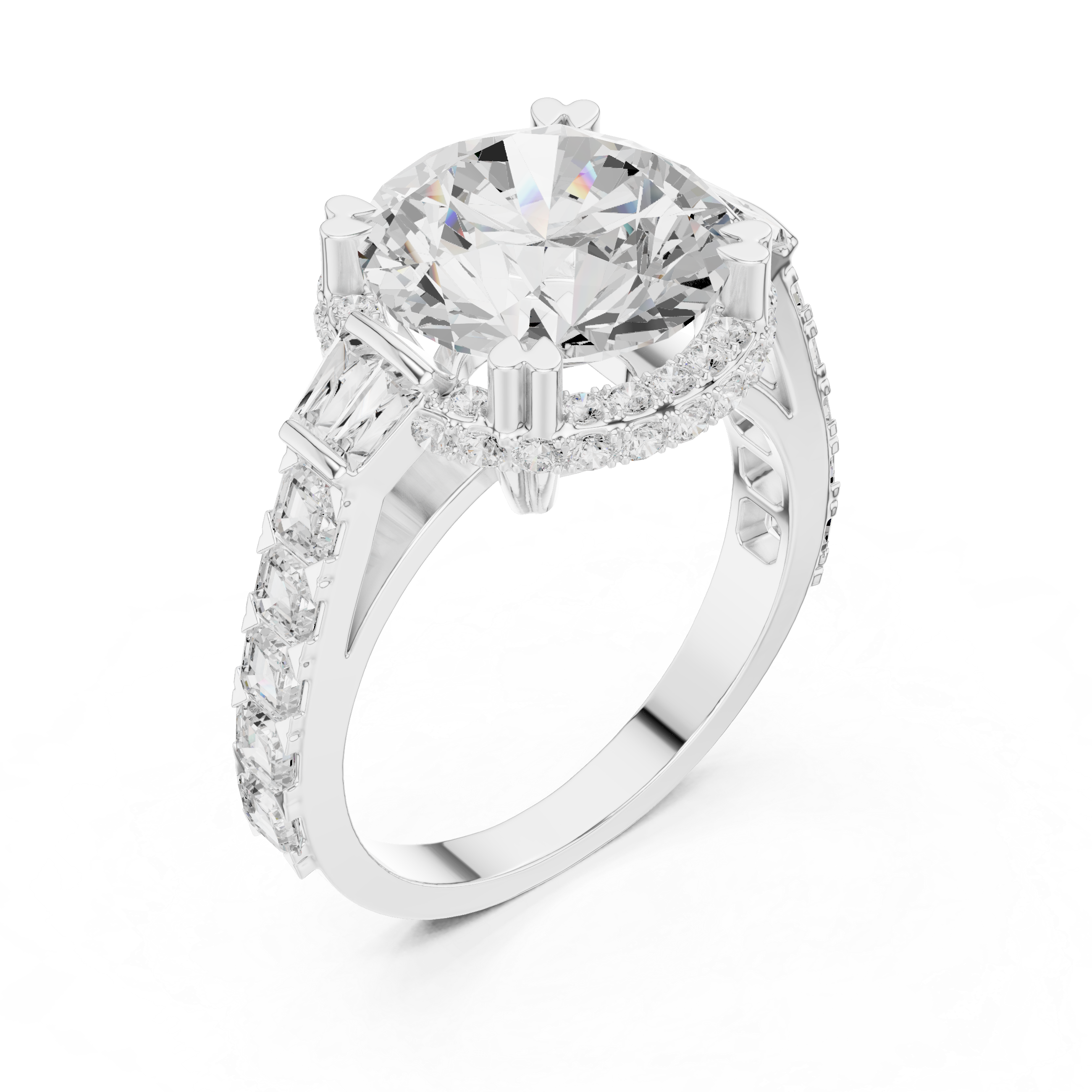 Round Diamond Halo Engagement Ring with Geometric Shoulders