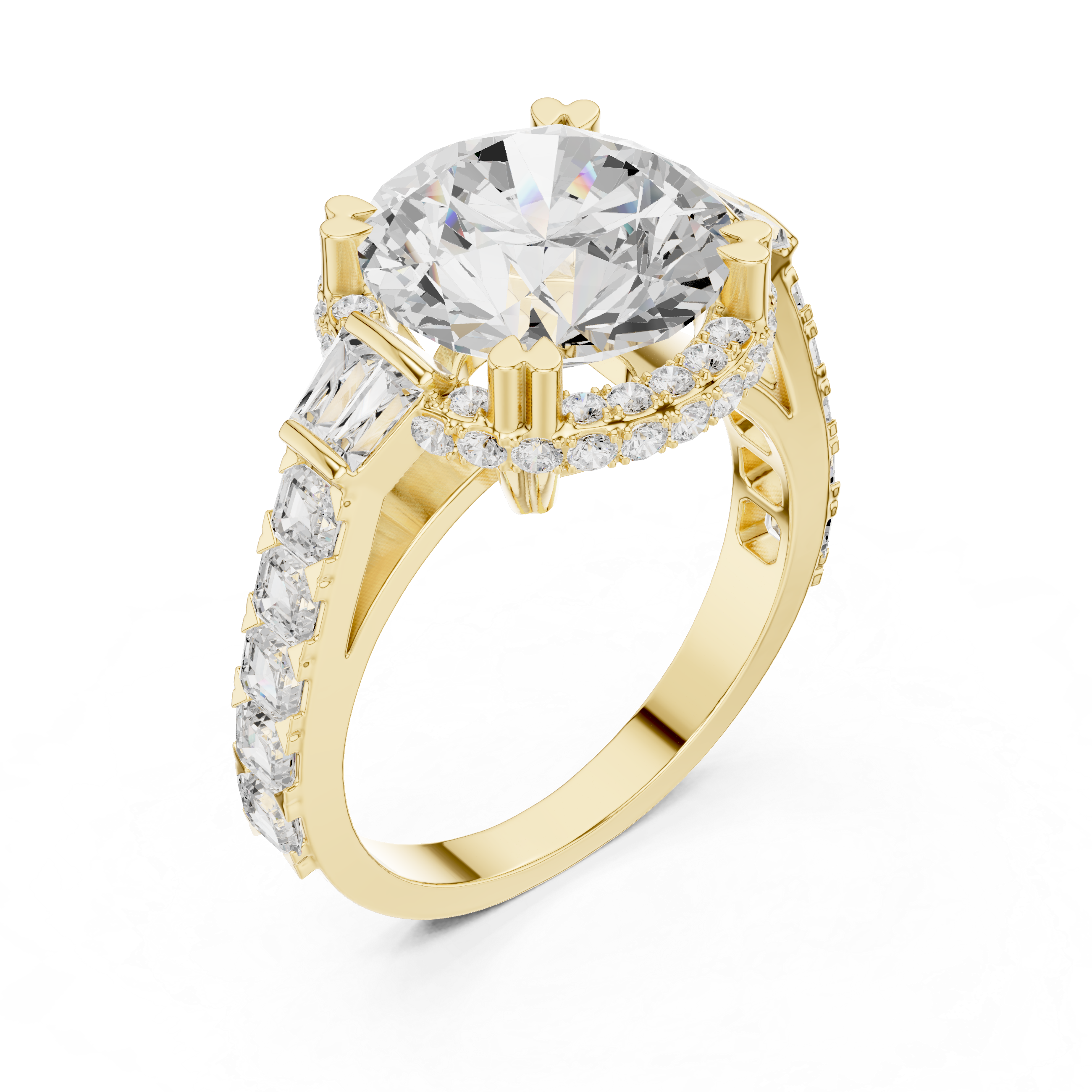 Round Diamond Halo Engagement Ring with Geometric Shoulders