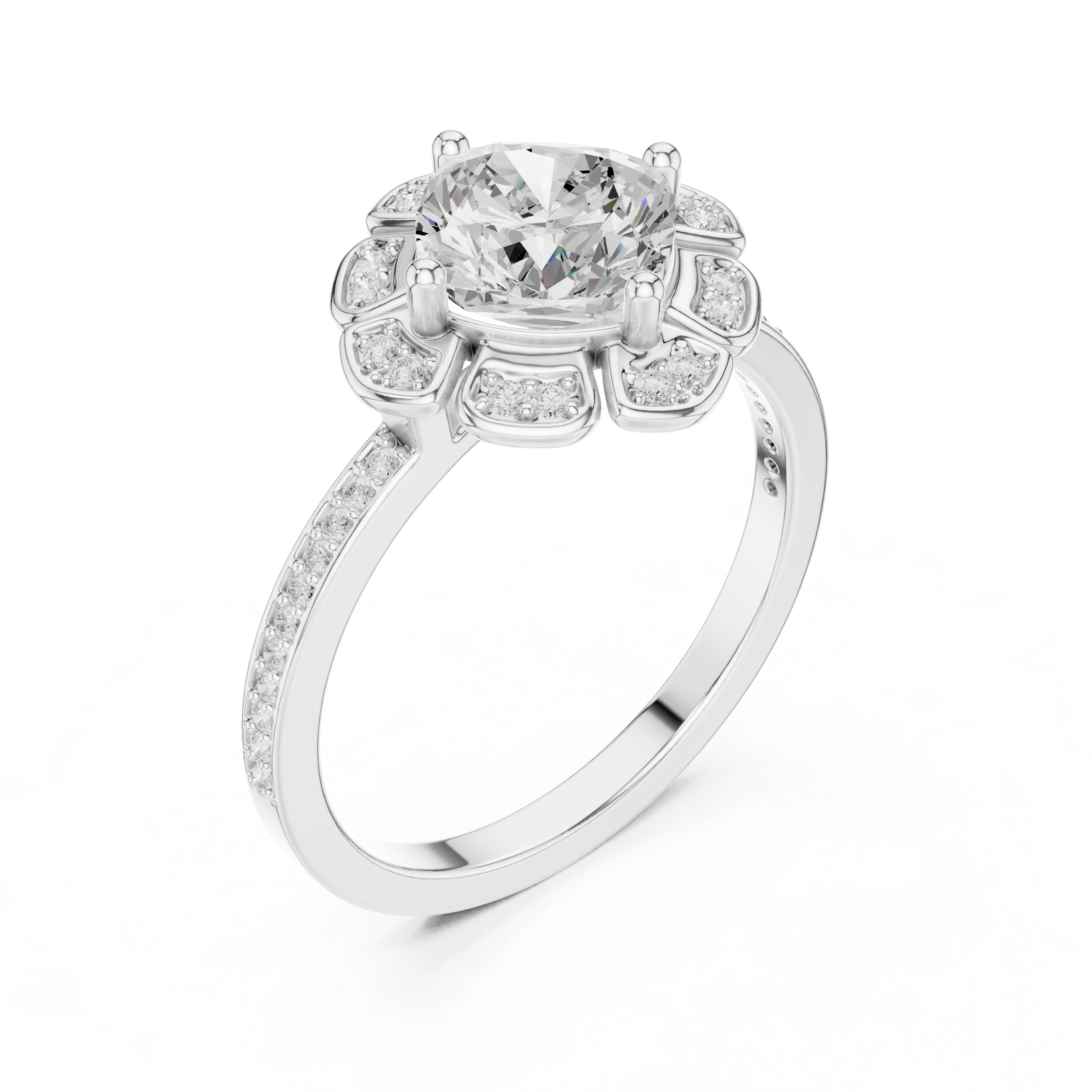 Floral Halo Round Diamond Engagement Ring