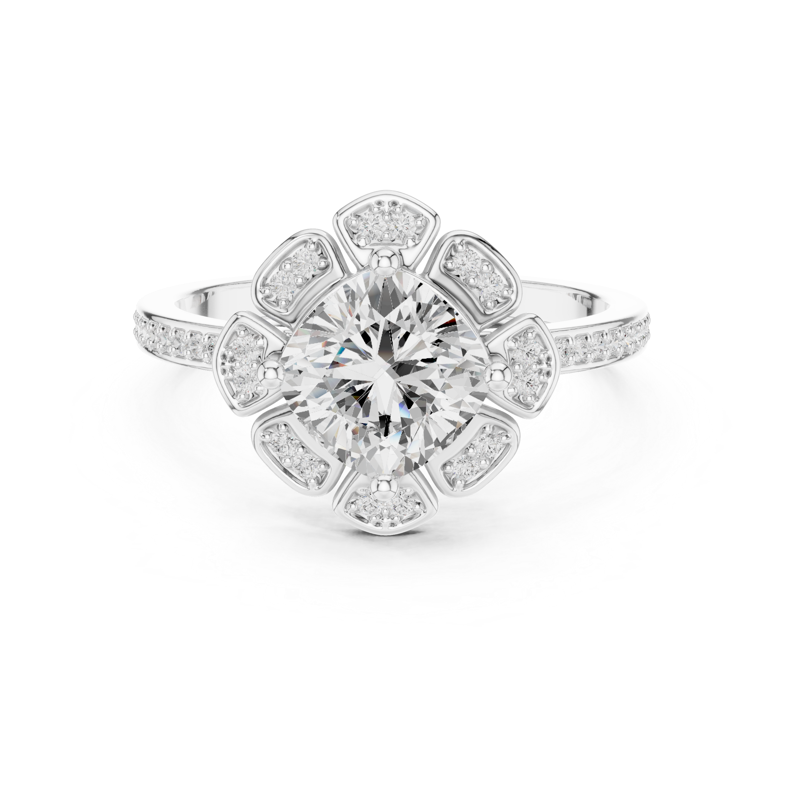 Floral Halo Round Diamond Engagement Ring