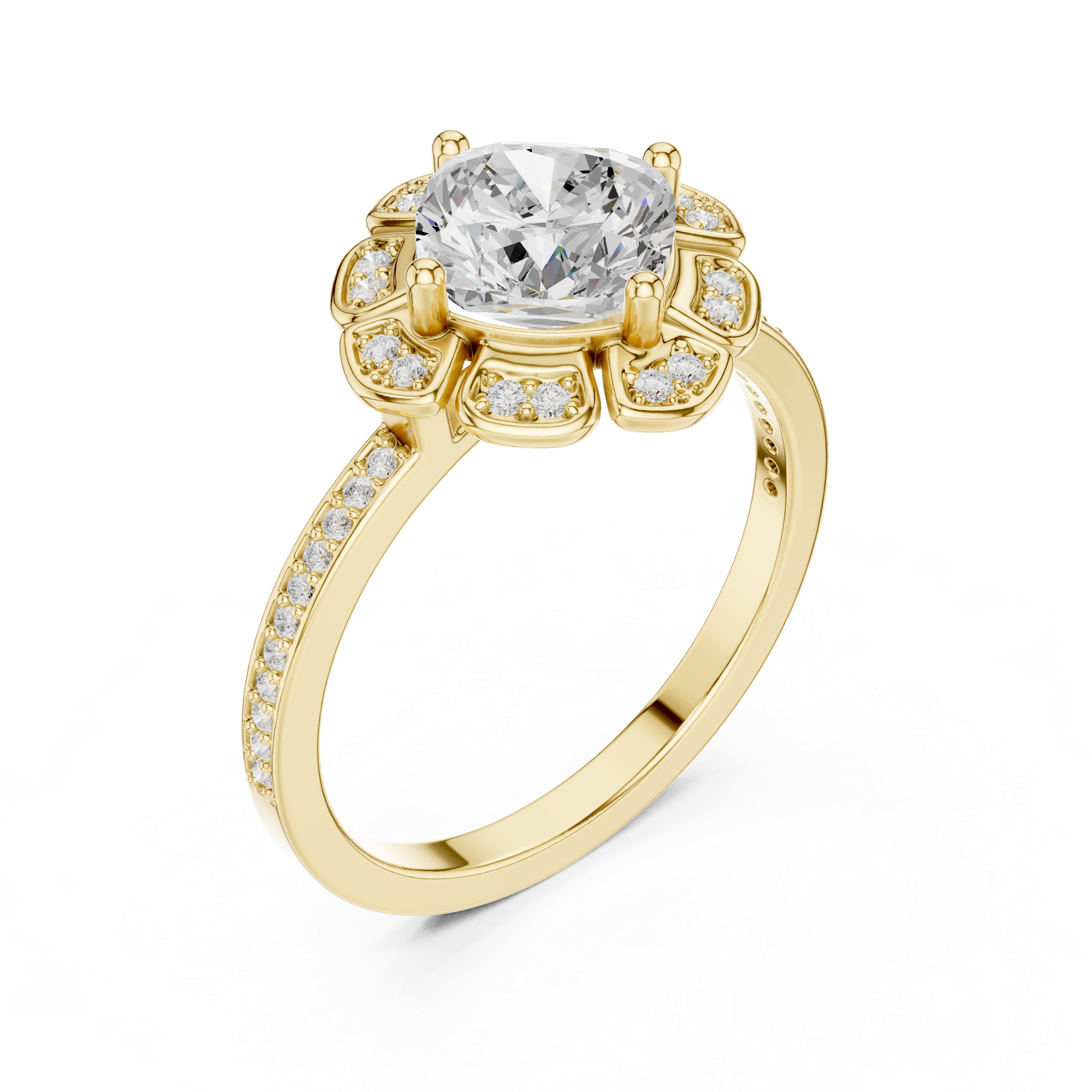 Floral Halo Round Diamond Engagement Ring