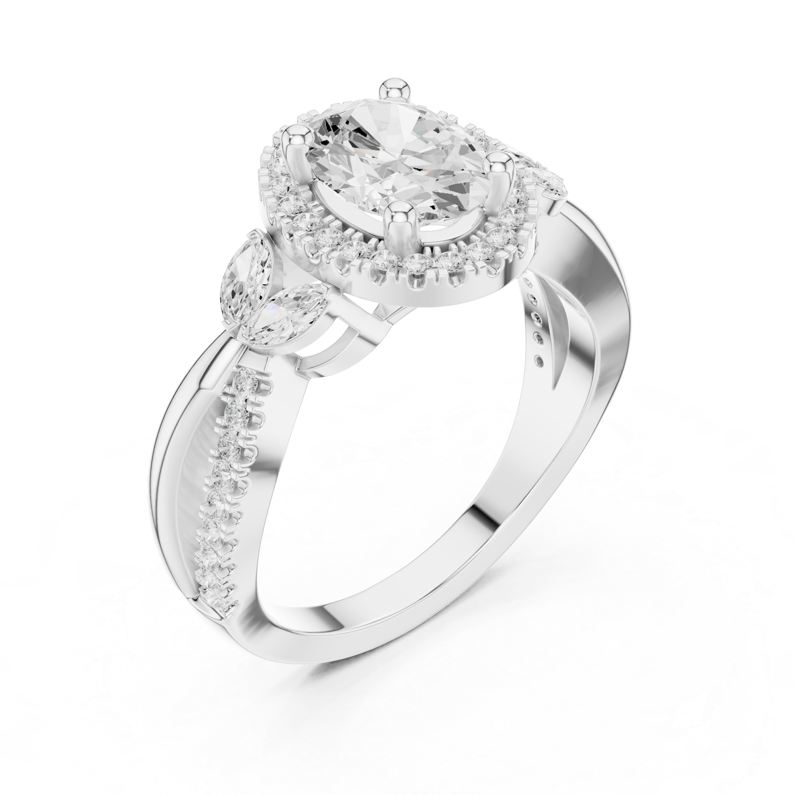 Oval Halo Diamond Engagement Ring with Marquise Accents