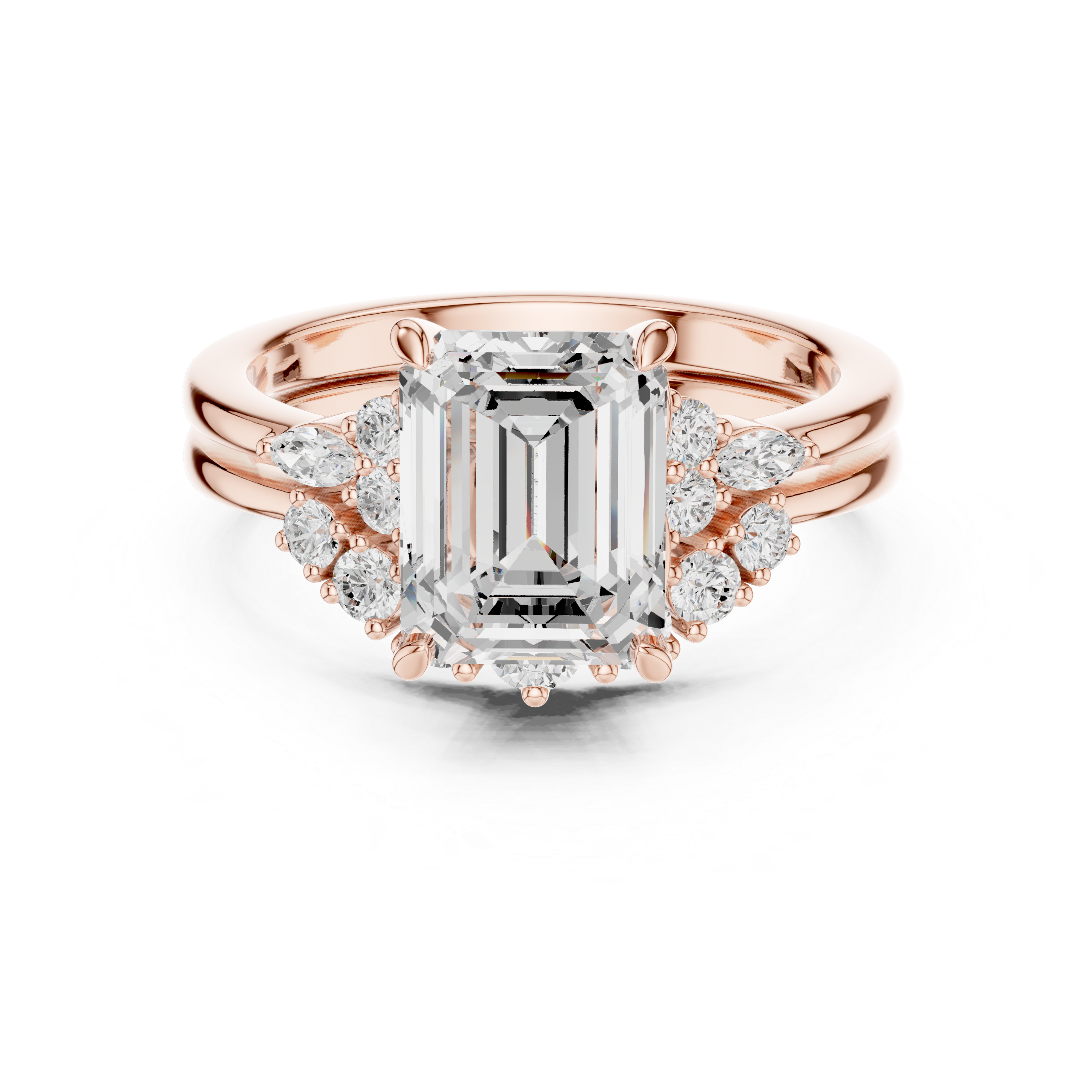 Vintage Inspired Emerald Cut Halo Engagement Ring Set with Marquise and Round Accent Diamonds