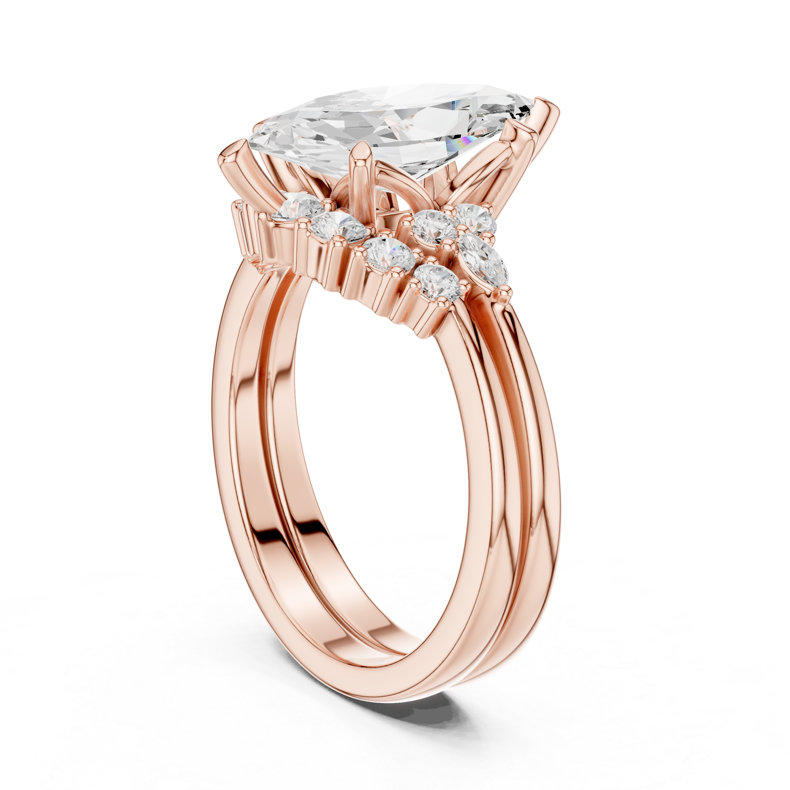 Vintage Inspired Marquise Cut Halo Engagement Ring Set with Double Band and Accent Diamonds