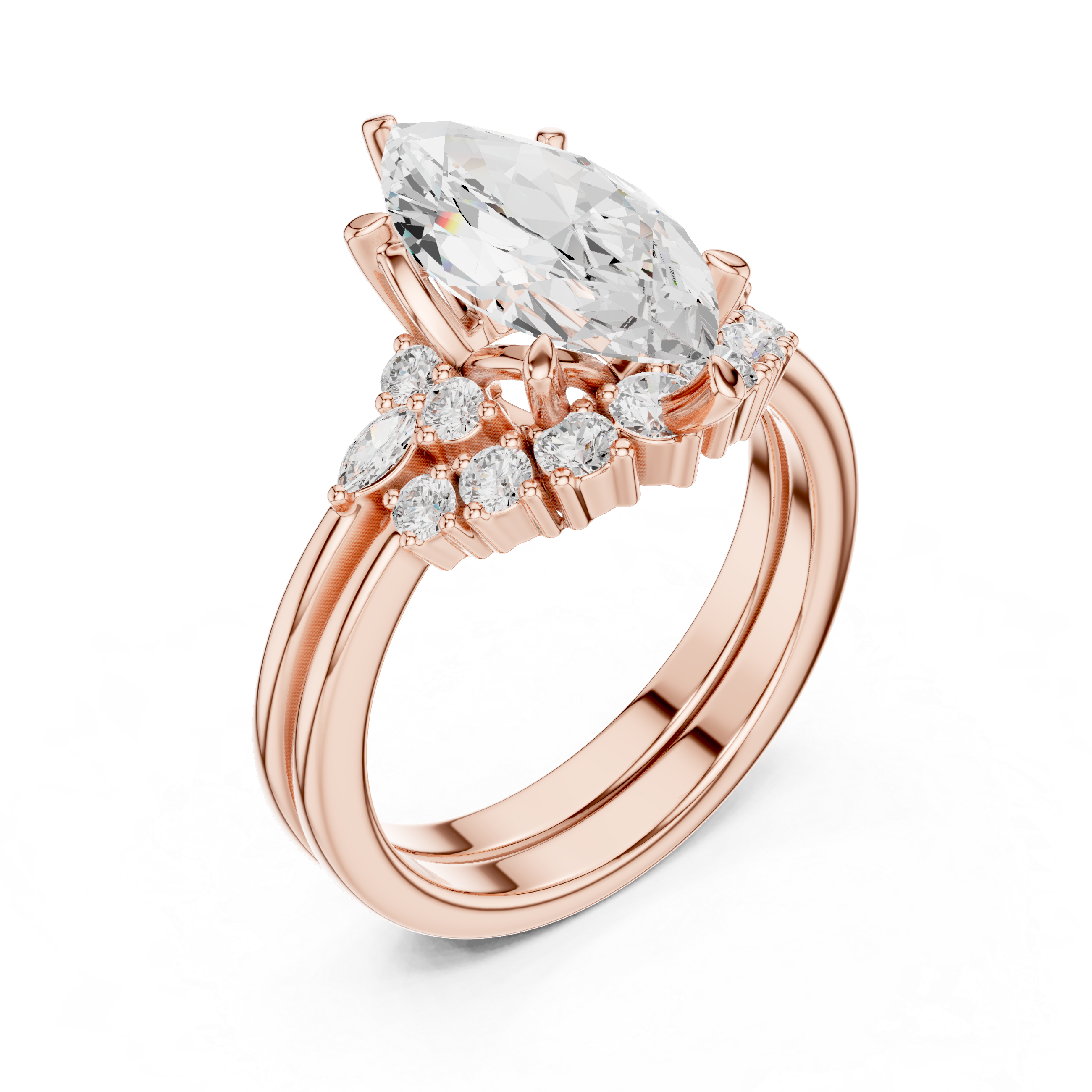 Vintage Inspired Marquise Cut Halo Engagement Ring Set with Double Band and Accent Diamonds
