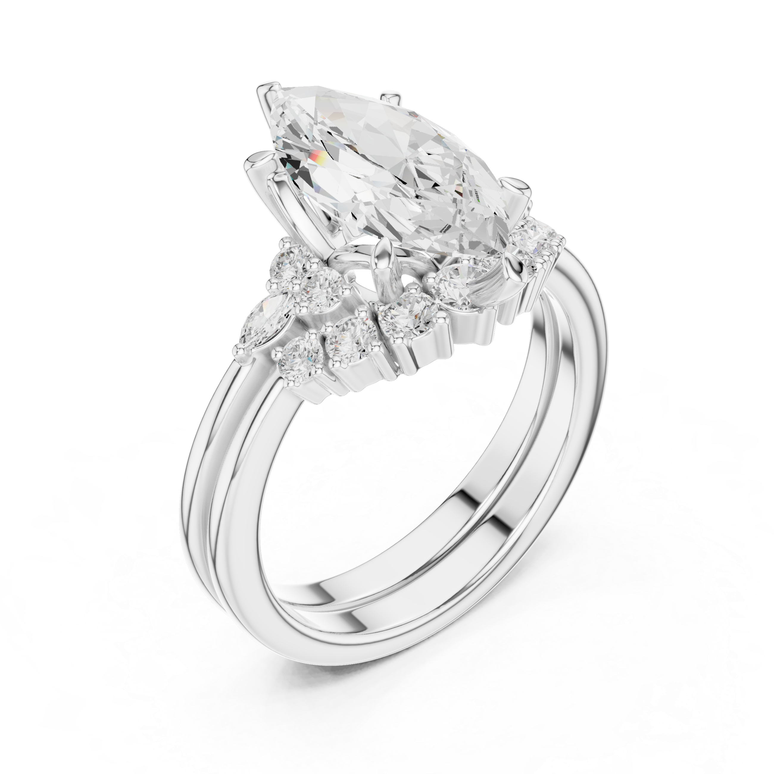 Vintage Inspired Marquise Cut Halo Engagement Ring Set with Double Band and Accent Diamonds