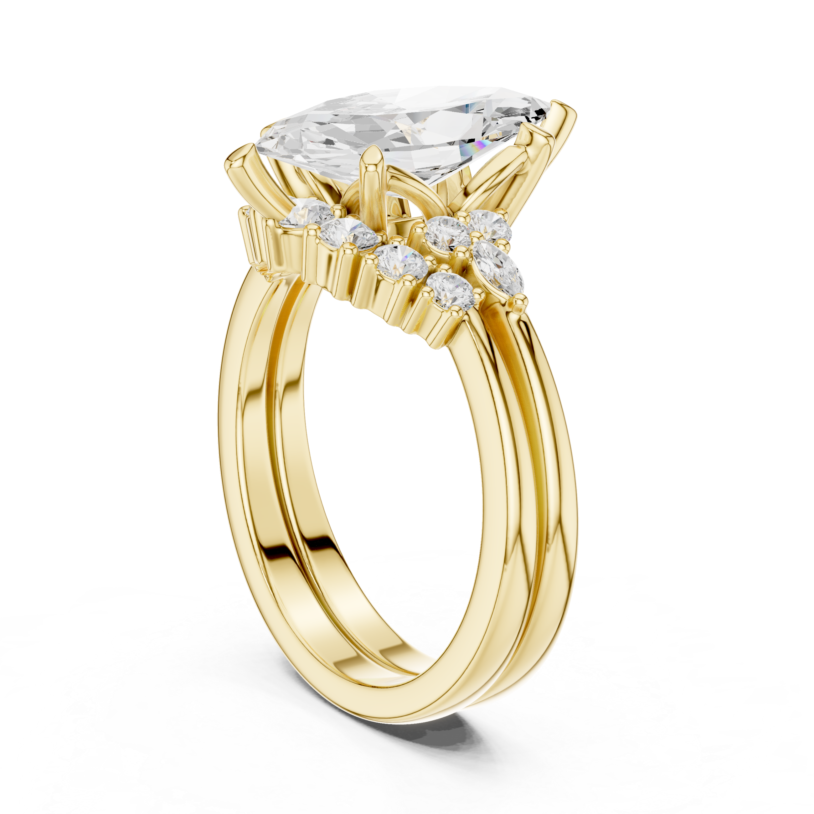 Vintage Inspired Marquise Cut Halo Engagement Ring Set with Double Band and Accent Diamonds
