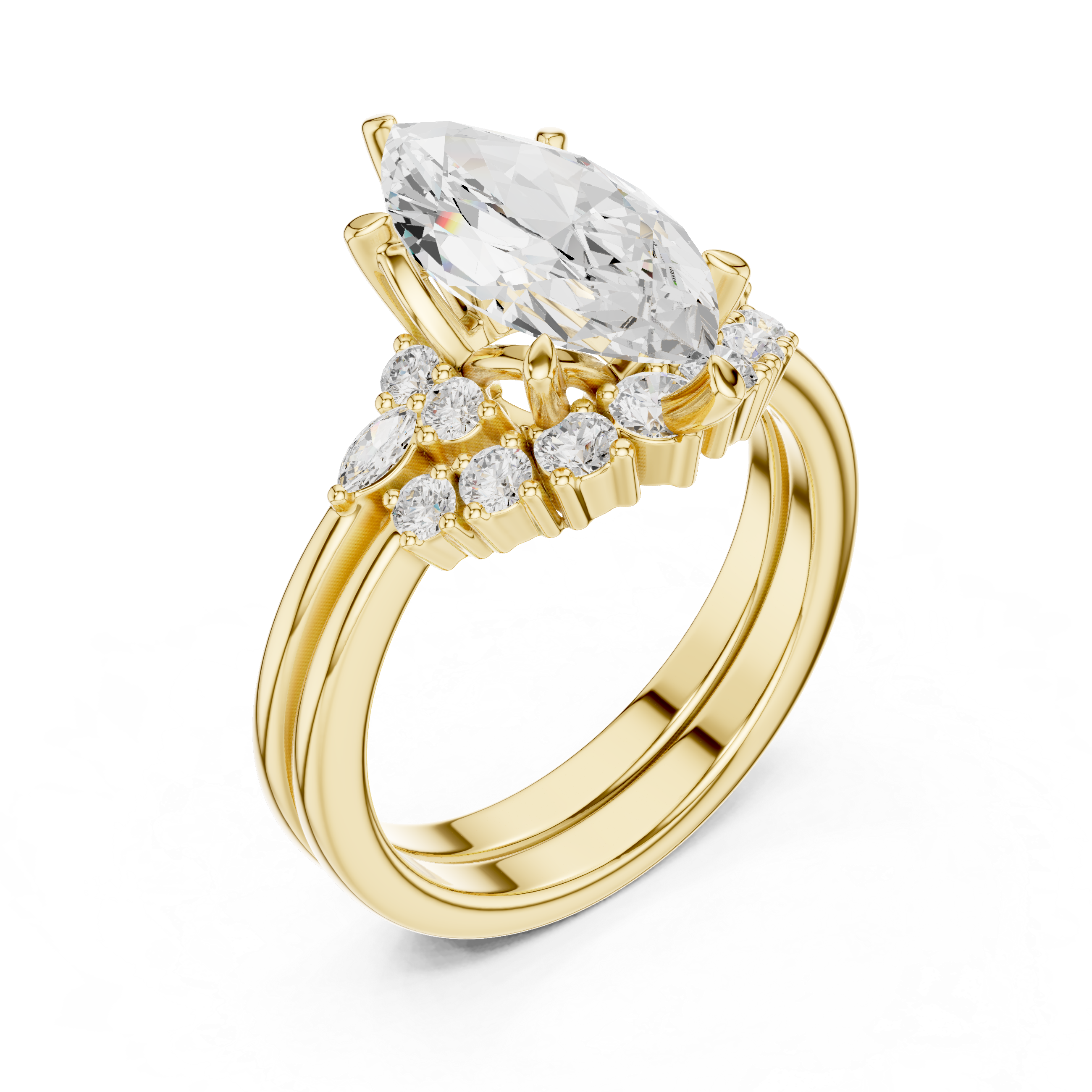 Vintage Inspired Marquise Cut Halo Engagement Ring Set with Double Band and Accent Diamonds