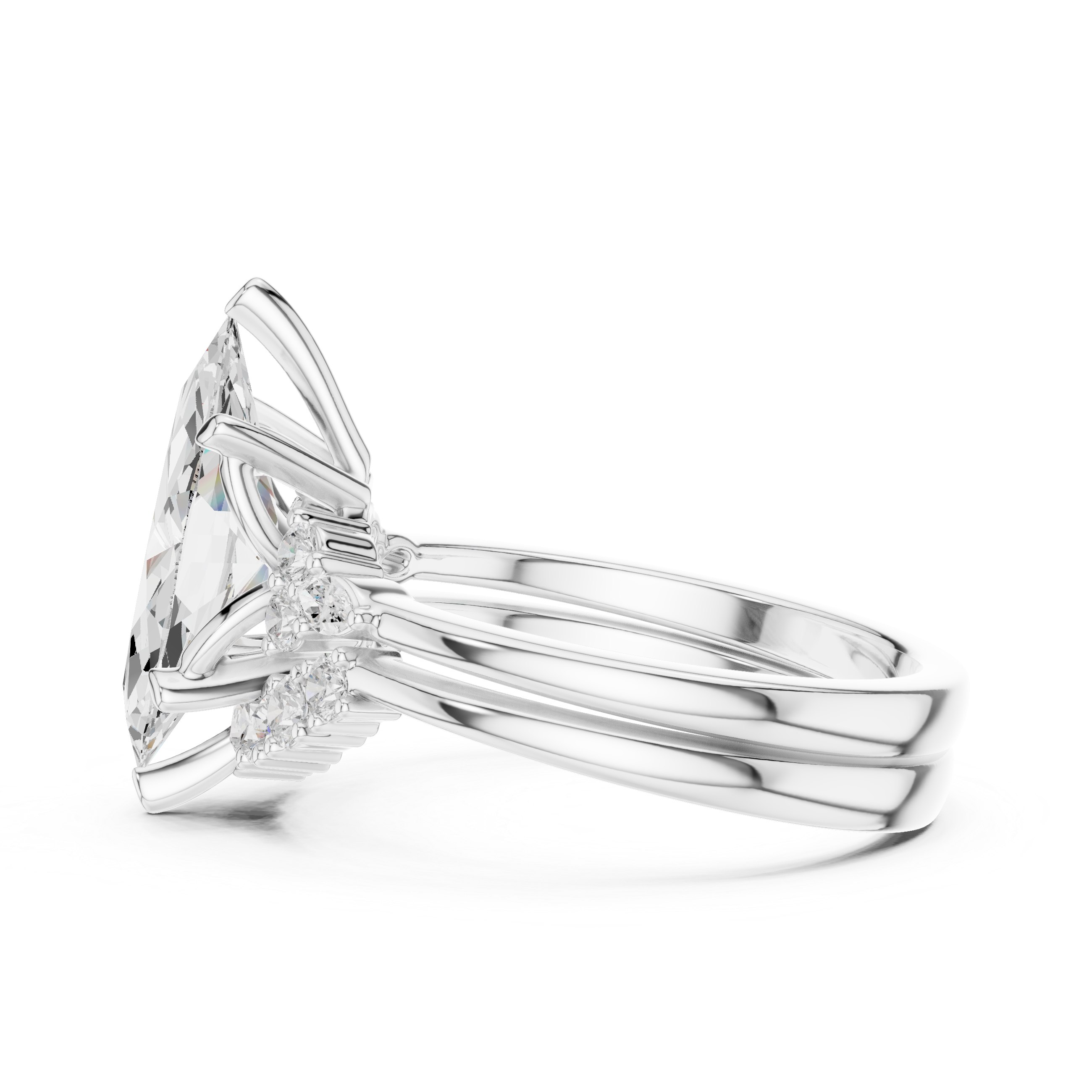 Vintage Inspired Marquise Cut Halo Engagement Ring Set with Double Band and Accent Diamonds