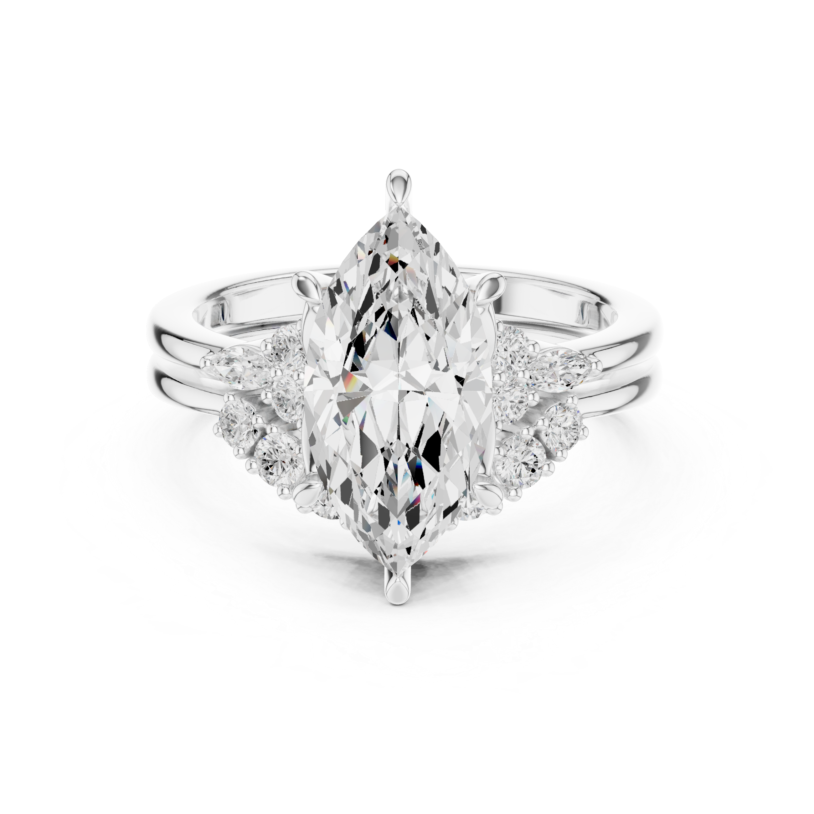 Vintage Inspired Marquise Cut Halo Engagement Ring Set with Double Band and Accent Diamonds