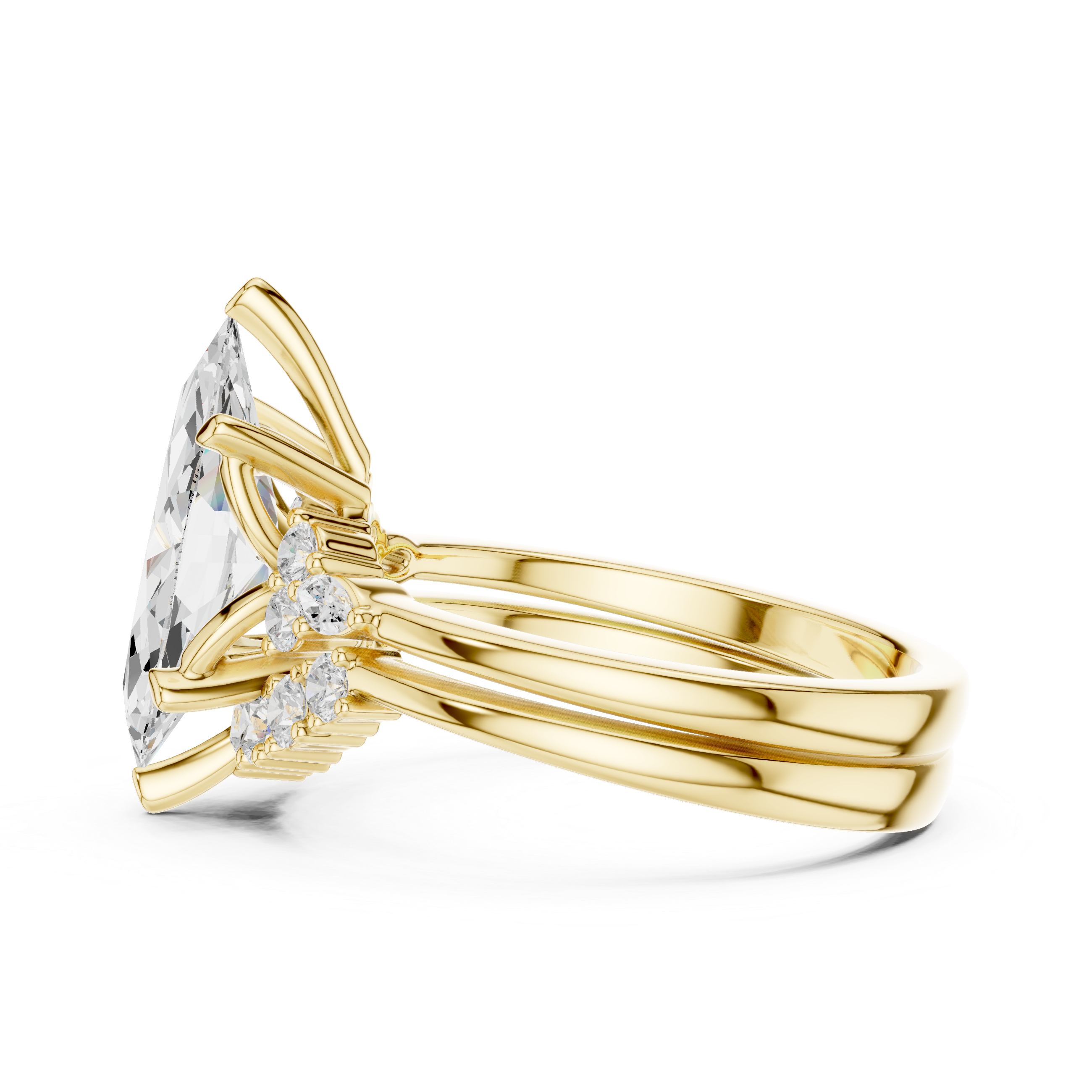 Vintage Inspired Marquise Cut Halo Engagement Ring Set with Double Band and Accent Diamonds