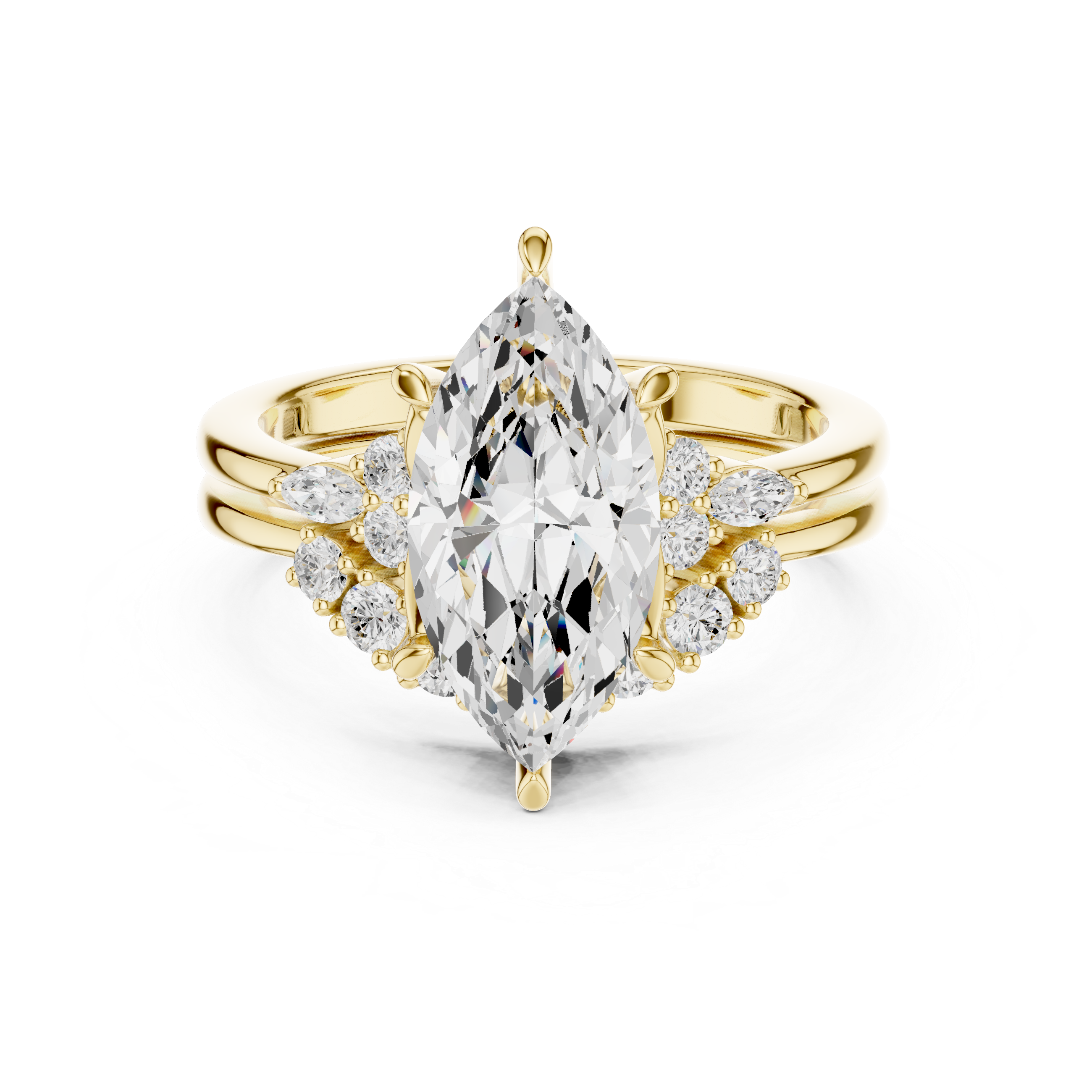 Vintage Inspired Marquise Cut Halo Engagement Ring Set with Double Band and Accent Diamonds