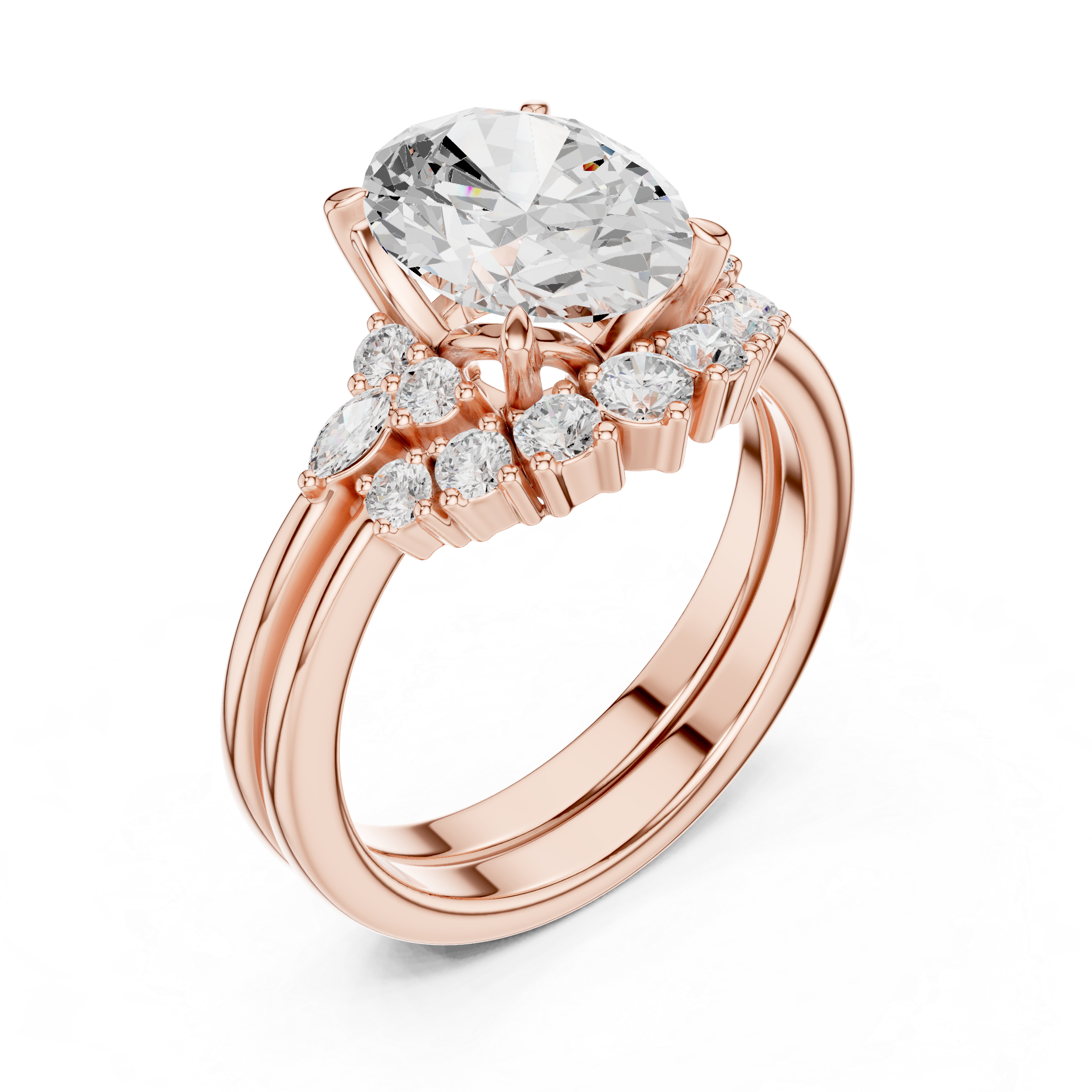 Vintage Inspired Oval Cut Halo Engagement Ring Set with Marquise and Round Accent Diamonds