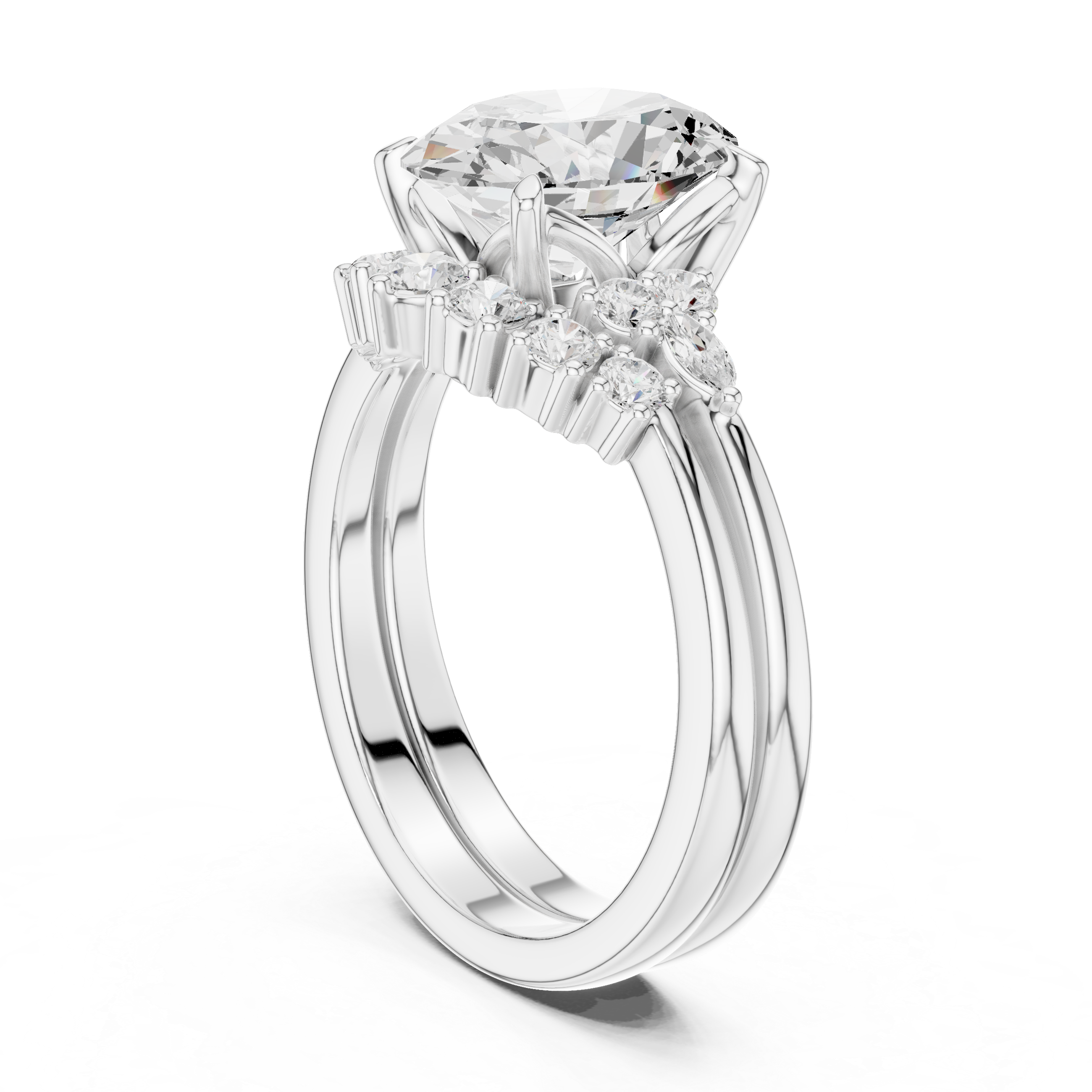 Vintage Inspired Oval Cut Halo Engagement Ring Set with Marquise and Round Accent Diamonds