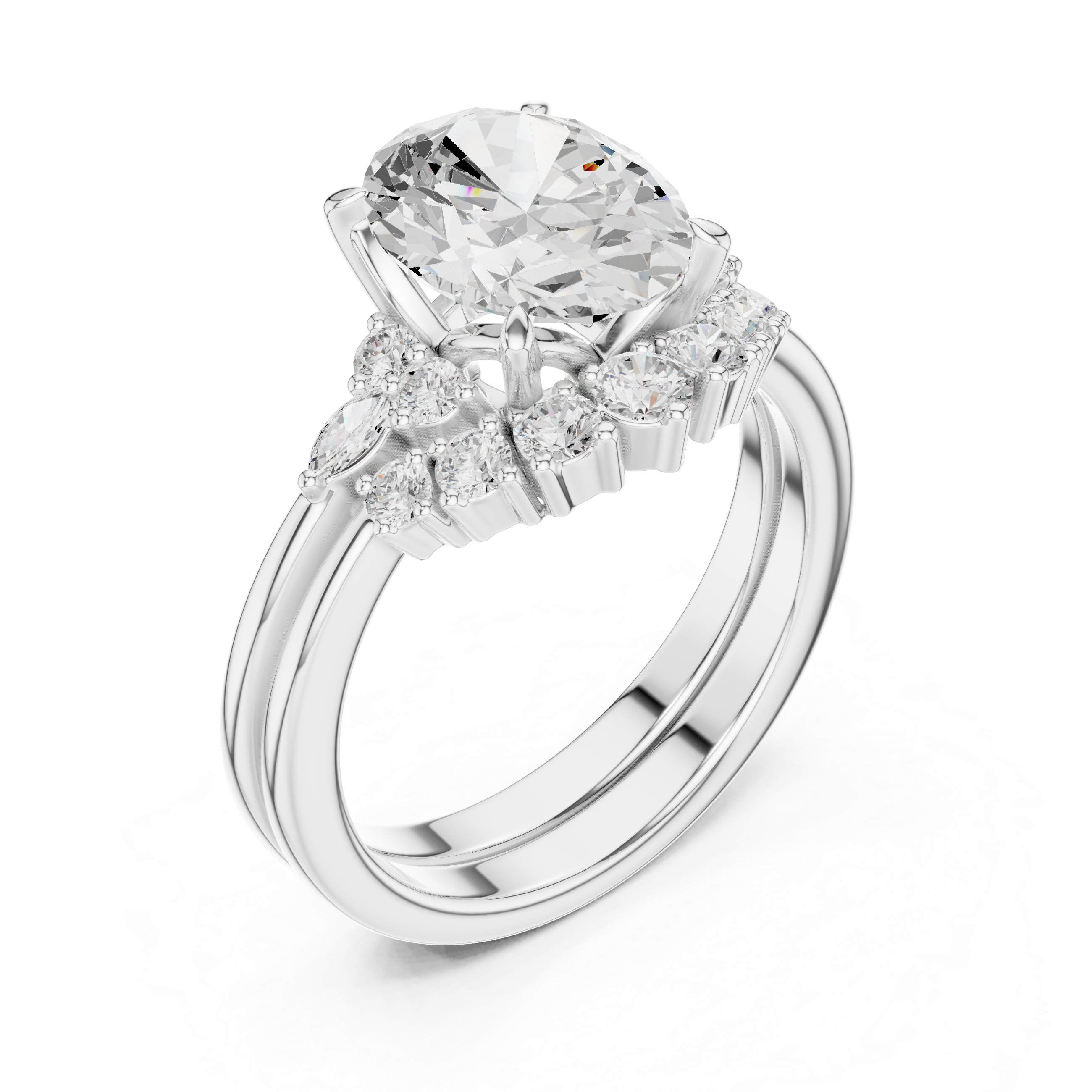 Vintage Inspired Oval Cut Halo Engagement Ring Set with Marquise and Round Accent Diamonds