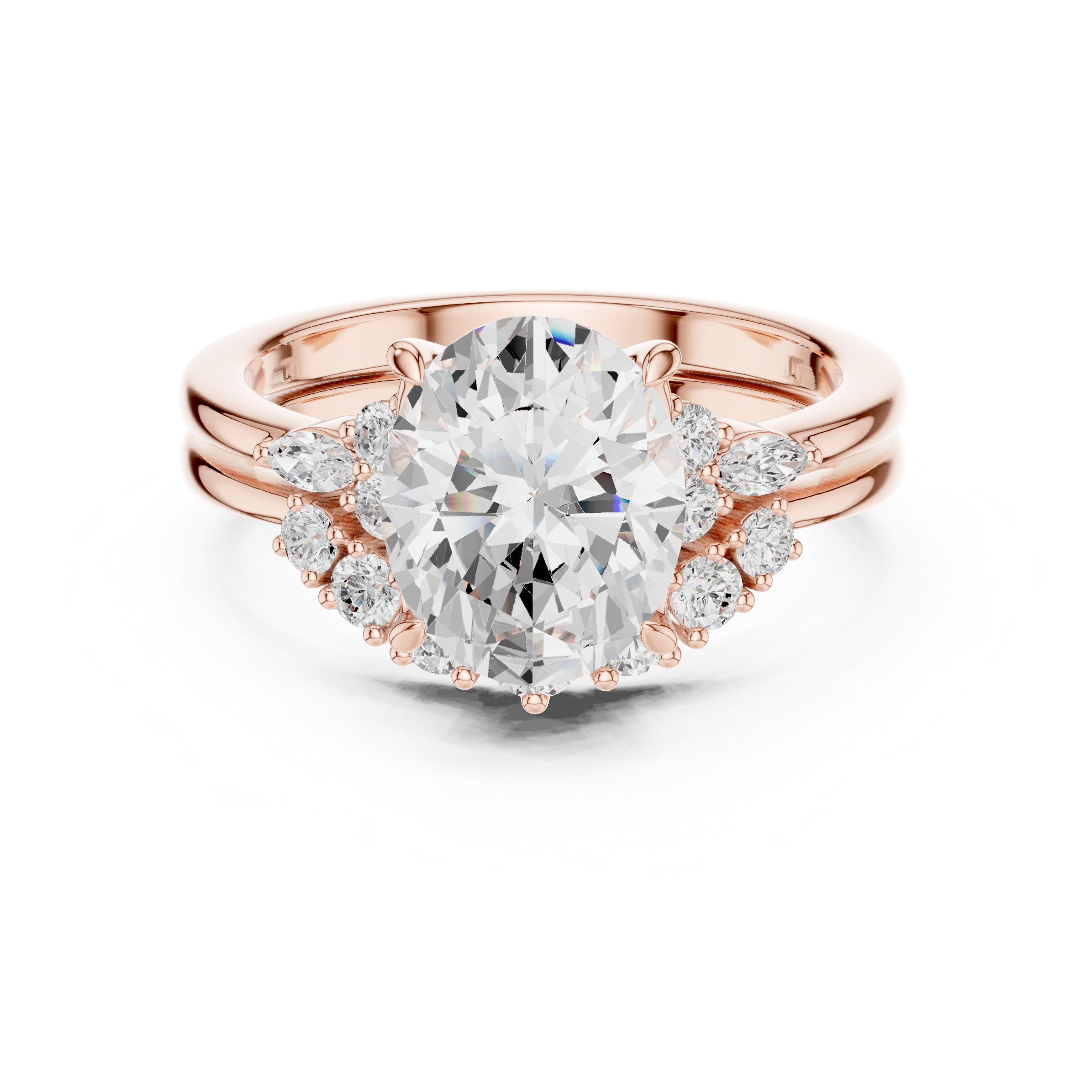 Vintage Inspired Oval Cut Halo Engagement Ring Set with Marquise and Round Accent Diamonds