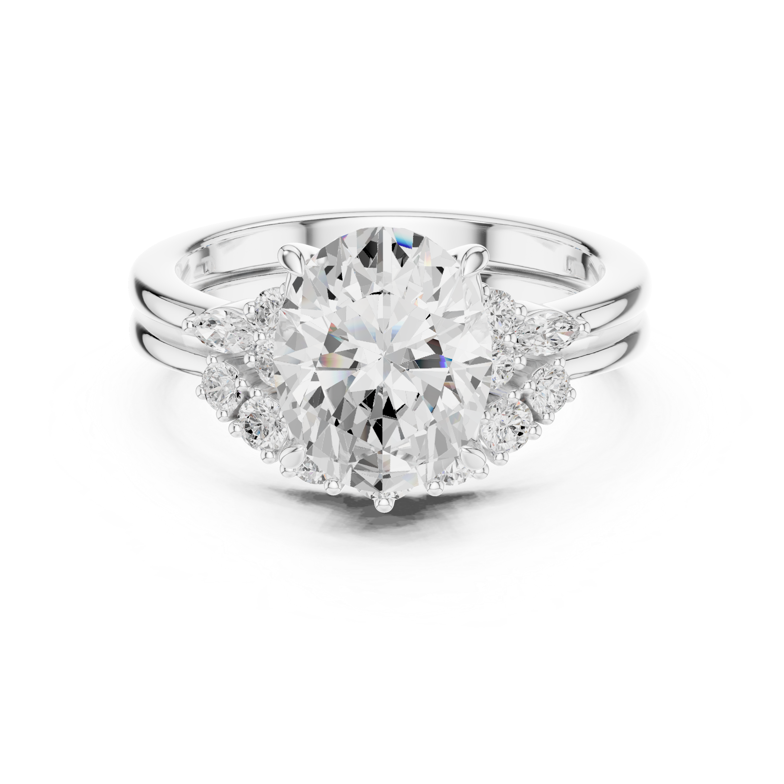 Vintage Inspired Oval Cut Halo Engagement Ring Set with Marquise and Round Accent Diamonds