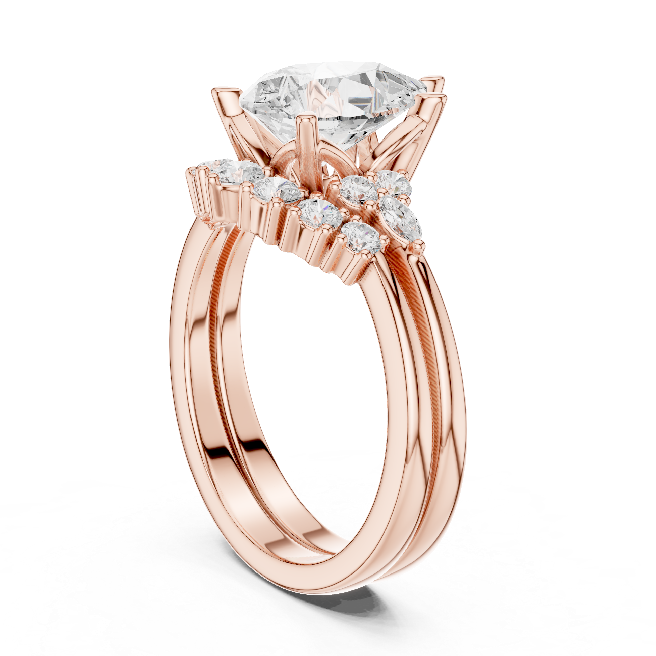 Vintage Inspired Pear Cut Halo Engagement Ring Set with Marquise and Round Accent Diamonds