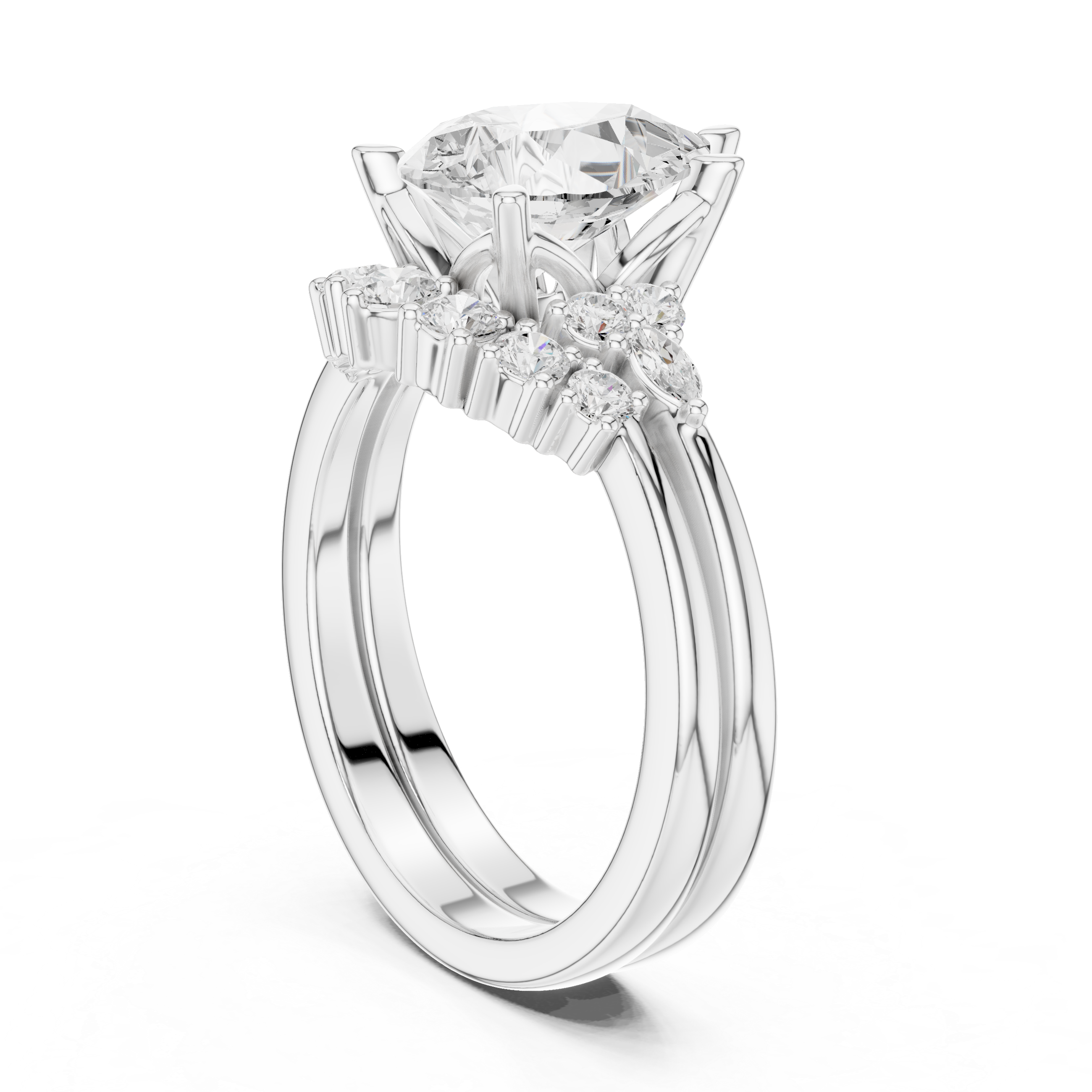 Vintage Inspired Pear Cut Halo Engagement Ring Set with Marquise and Round Accent Diamonds