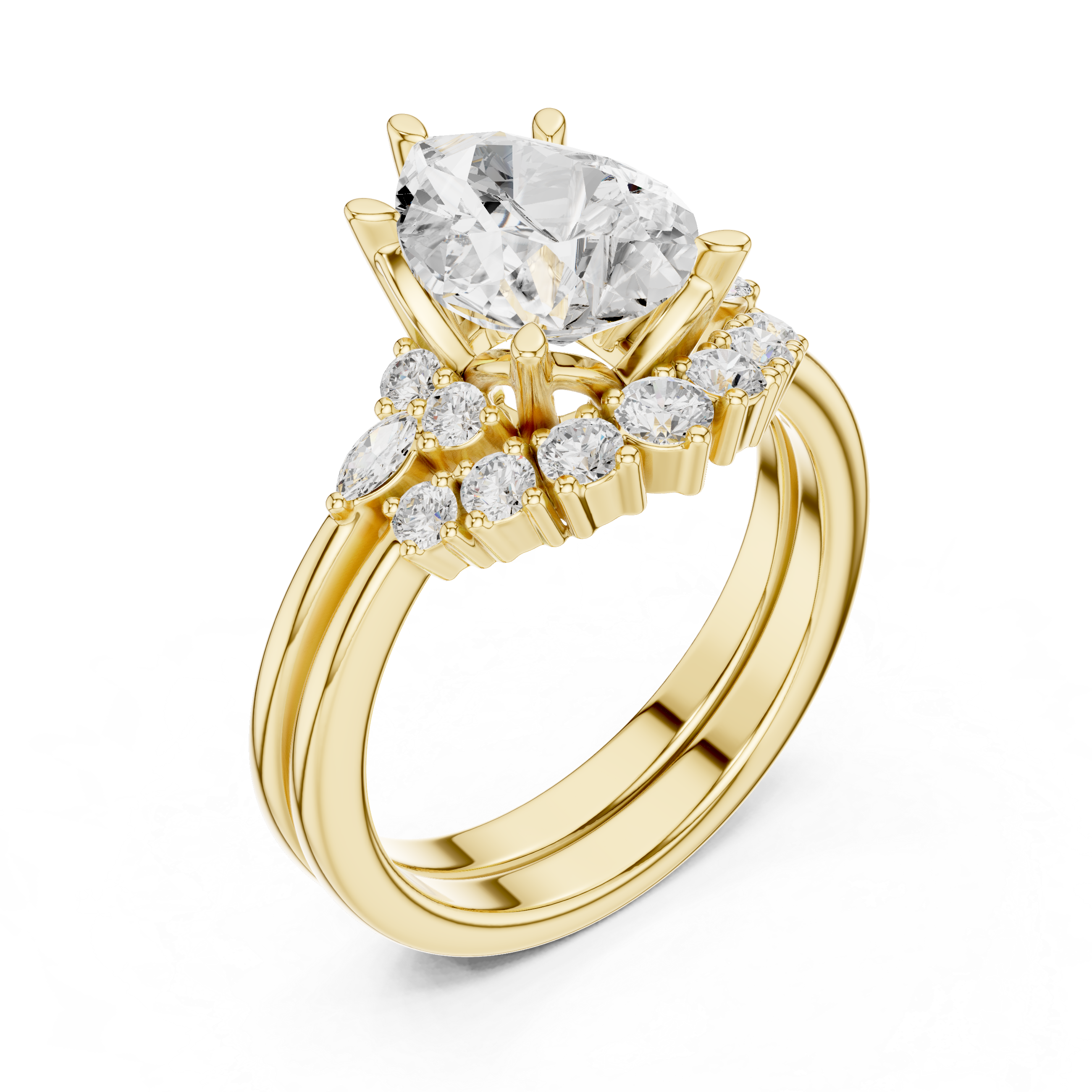 Vintage Inspired Pear Cut Halo Engagement Ring Set with Marquise and Round Accent Diamonds