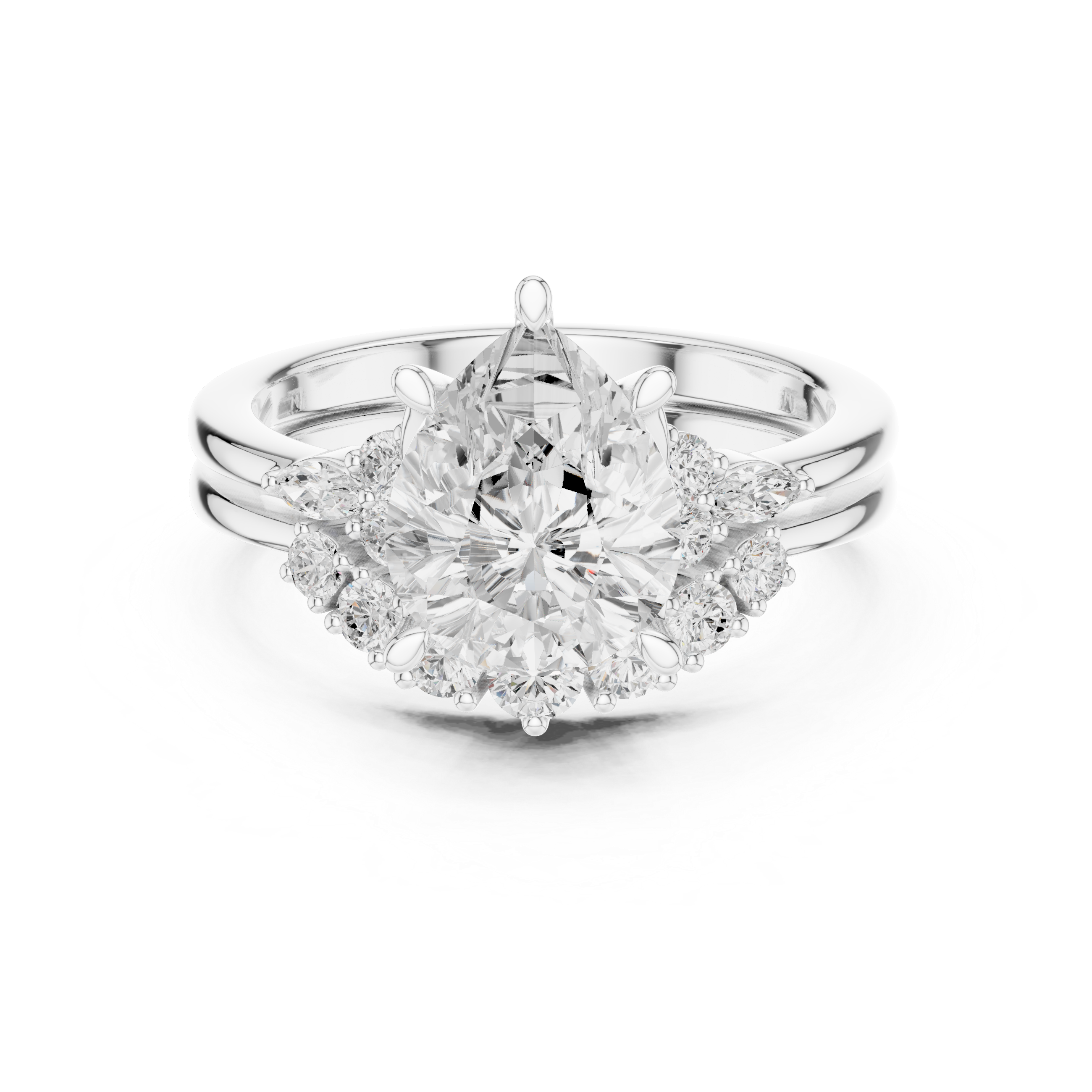 Vintage Inspired Pear Cut Halo Engagement Ring Set with Marquise and Round Accent Diamonds