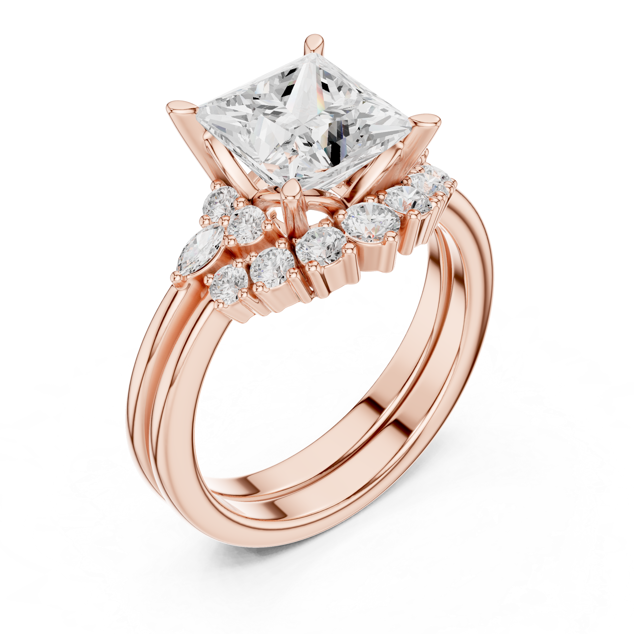 Vintage Inspired Princess Cut Halo Engagement Ring Set with Double Band and Diamond Cluster Accents