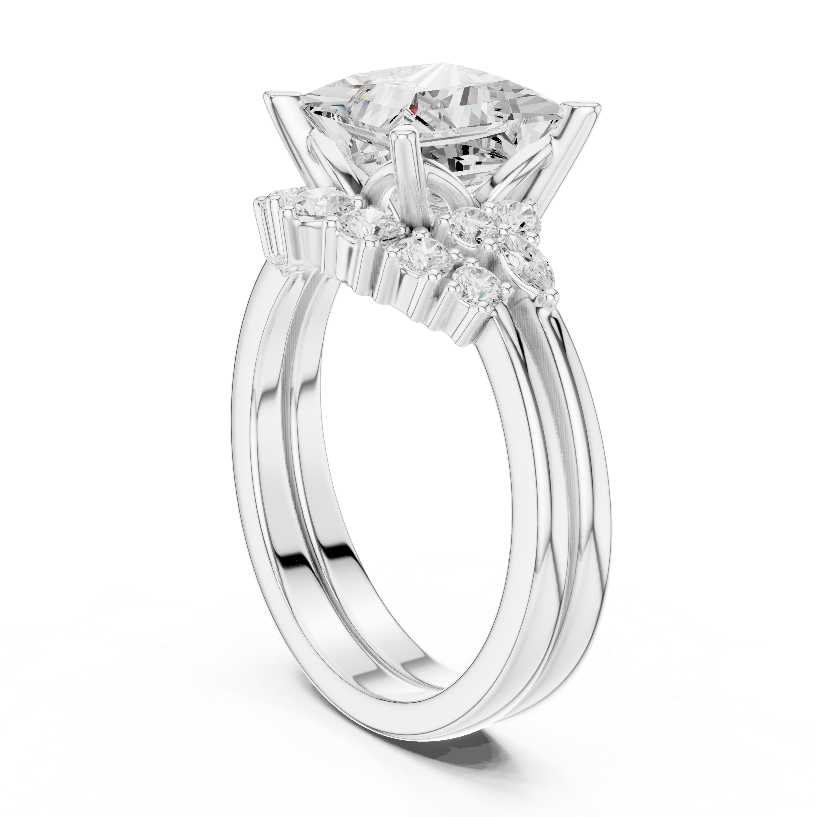 Vintage Inspired Princess Cut Halo Engagement Ring Set with Double Band and Diamond Cluster Accents