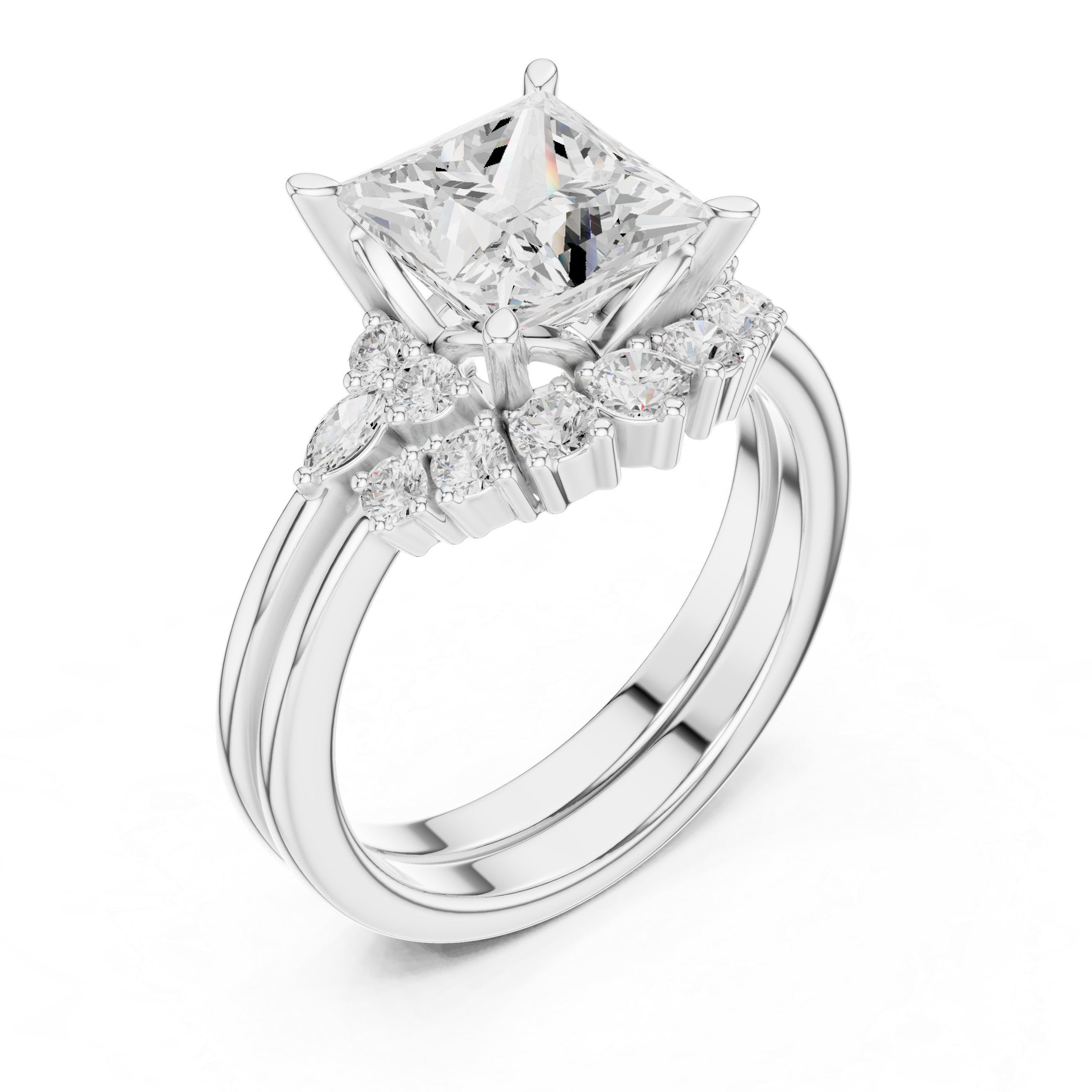 Vintage Inspired Princess Cut Halo Engagement Ring Set with Double Band and Diamond Cluster Accents