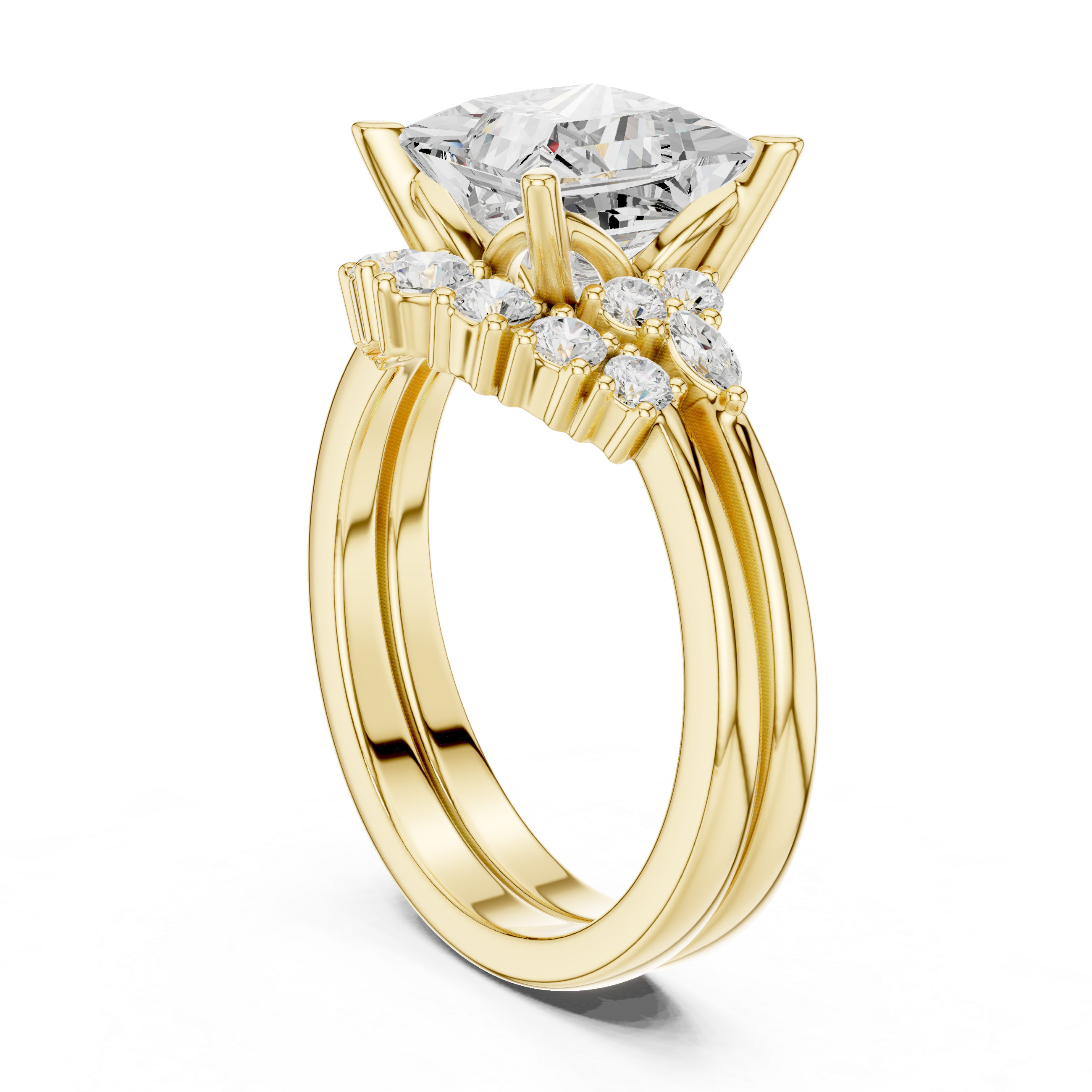 Vintage Inspired Princess Cut Halo Engagement Ring Set with Double Band and Diamond Cluster Accents