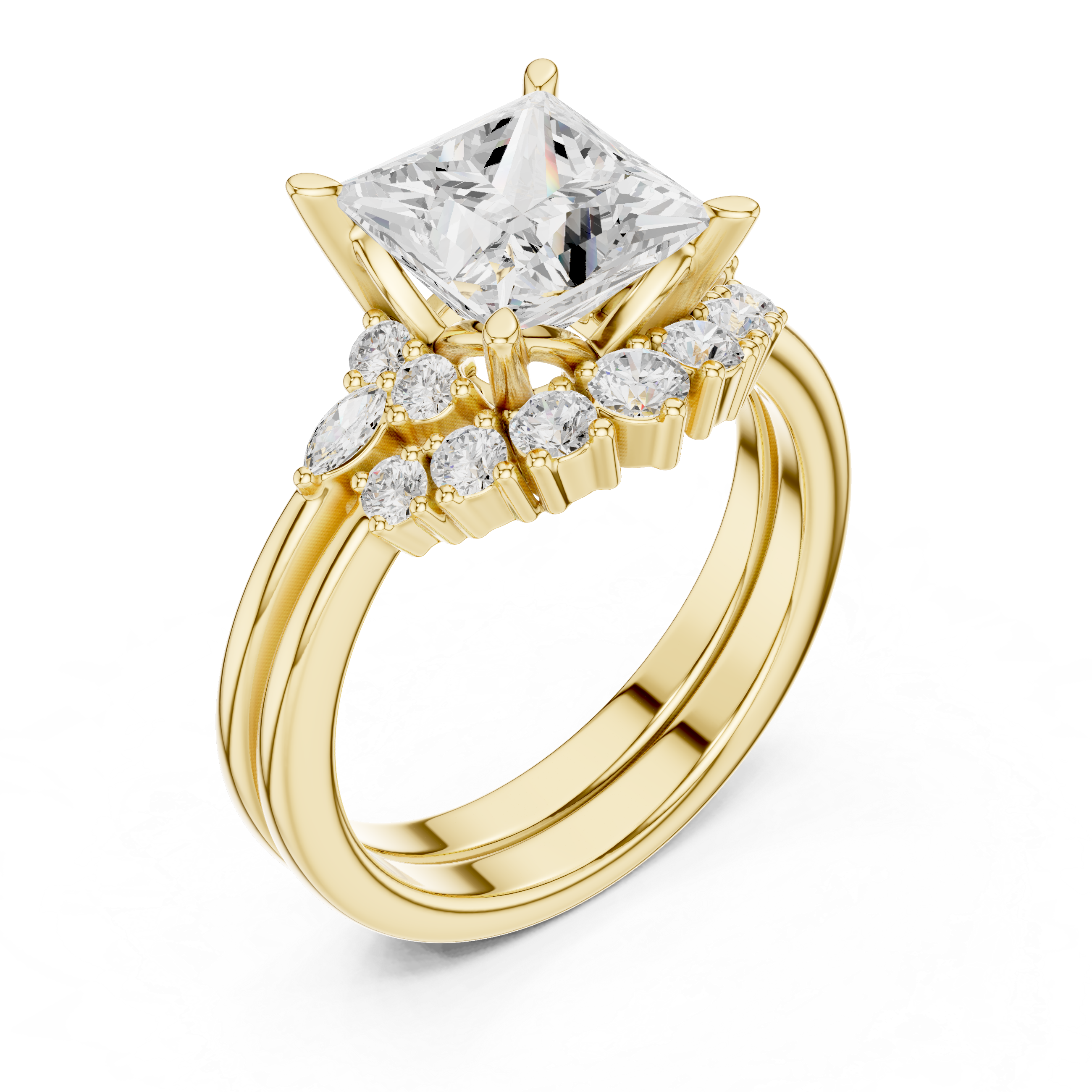 Vintage Inspired Princess Cut Halo Engagement Ring Set with Double Band and Diamond Cluster Accents