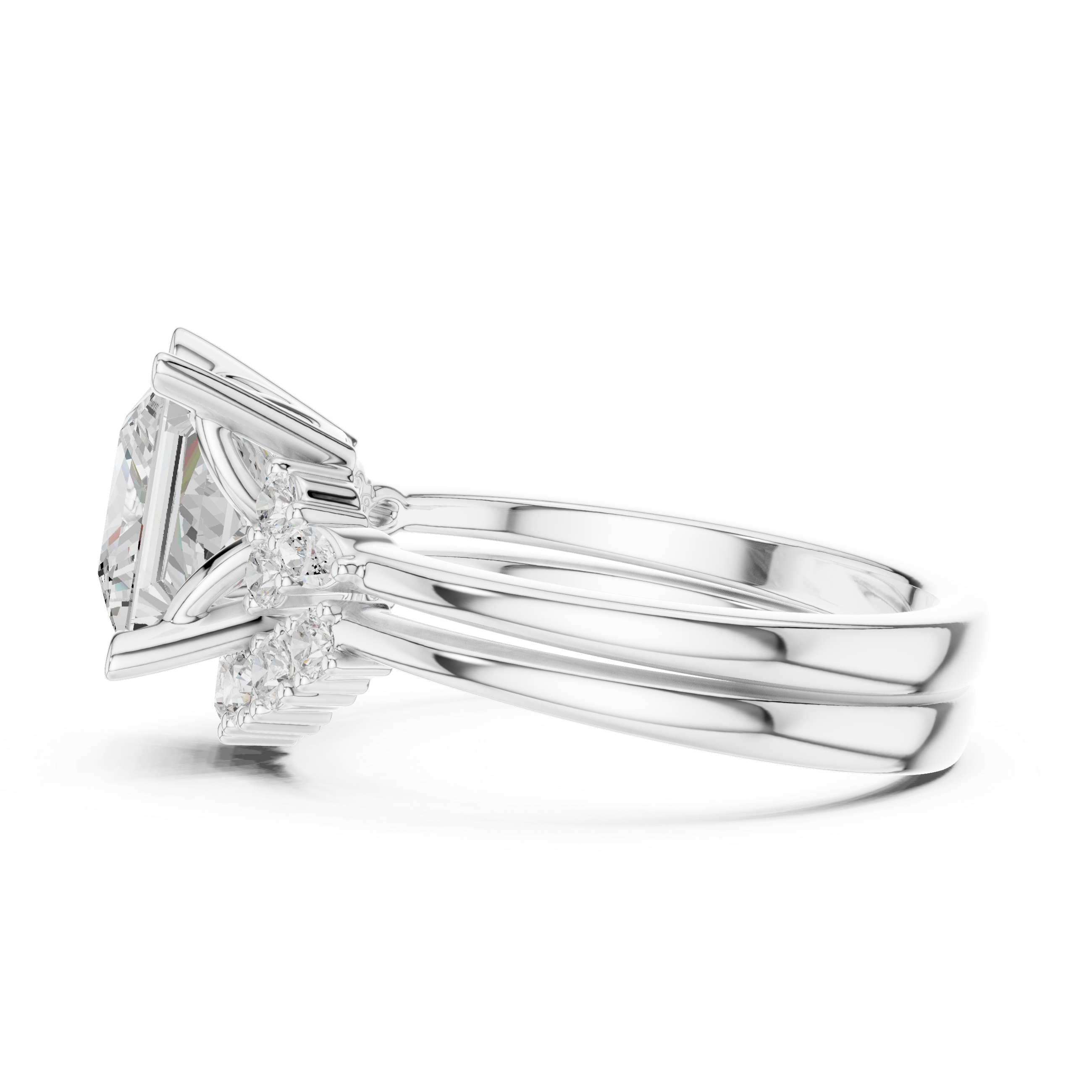 Vintage Inspired Princess Cut Halo Engagement Ring Set with Double Band and Diamond Cluster Accents