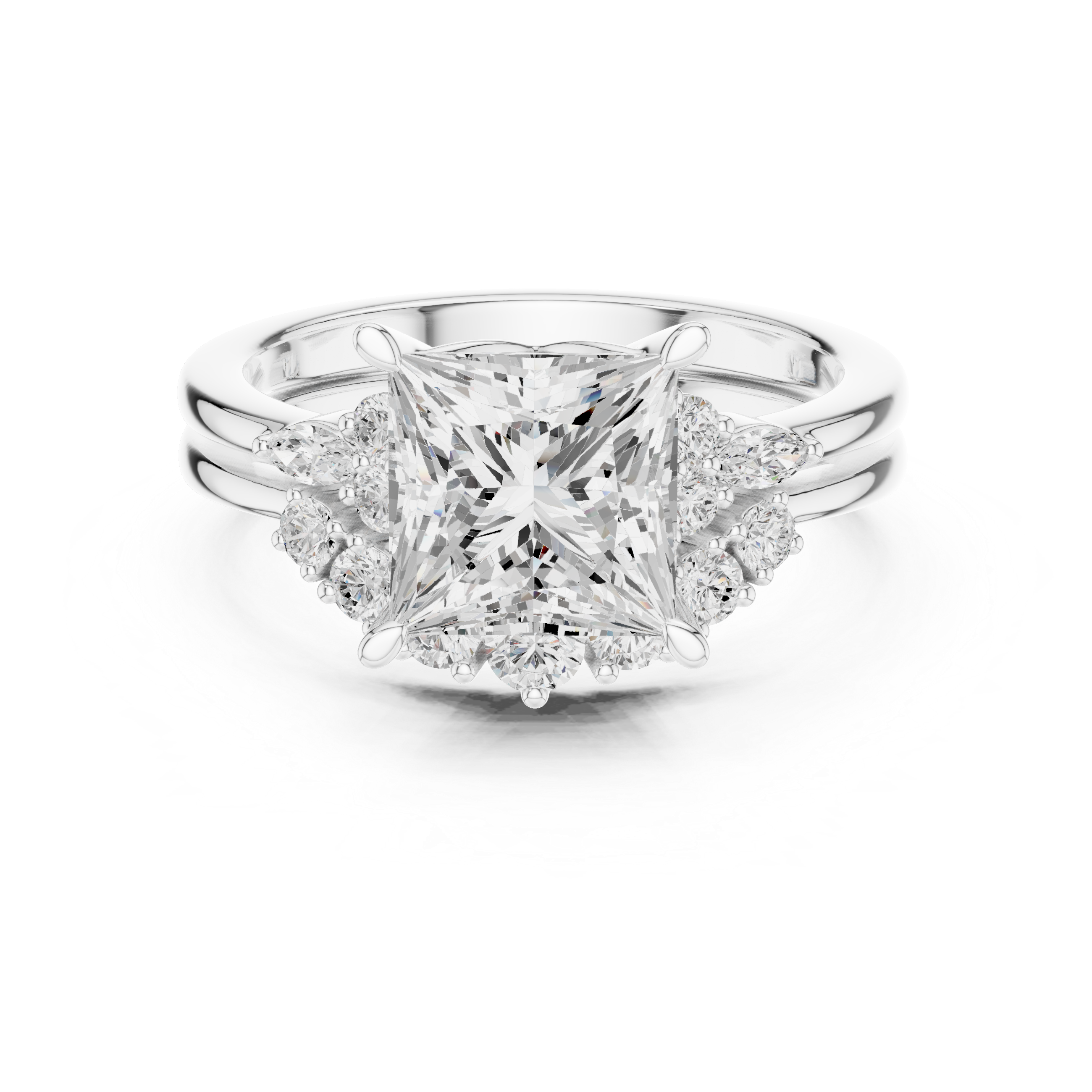 Vintage Inspired Princess Cut Halo Engagement Ring Set with Double Band and Diamond Cluster Accents