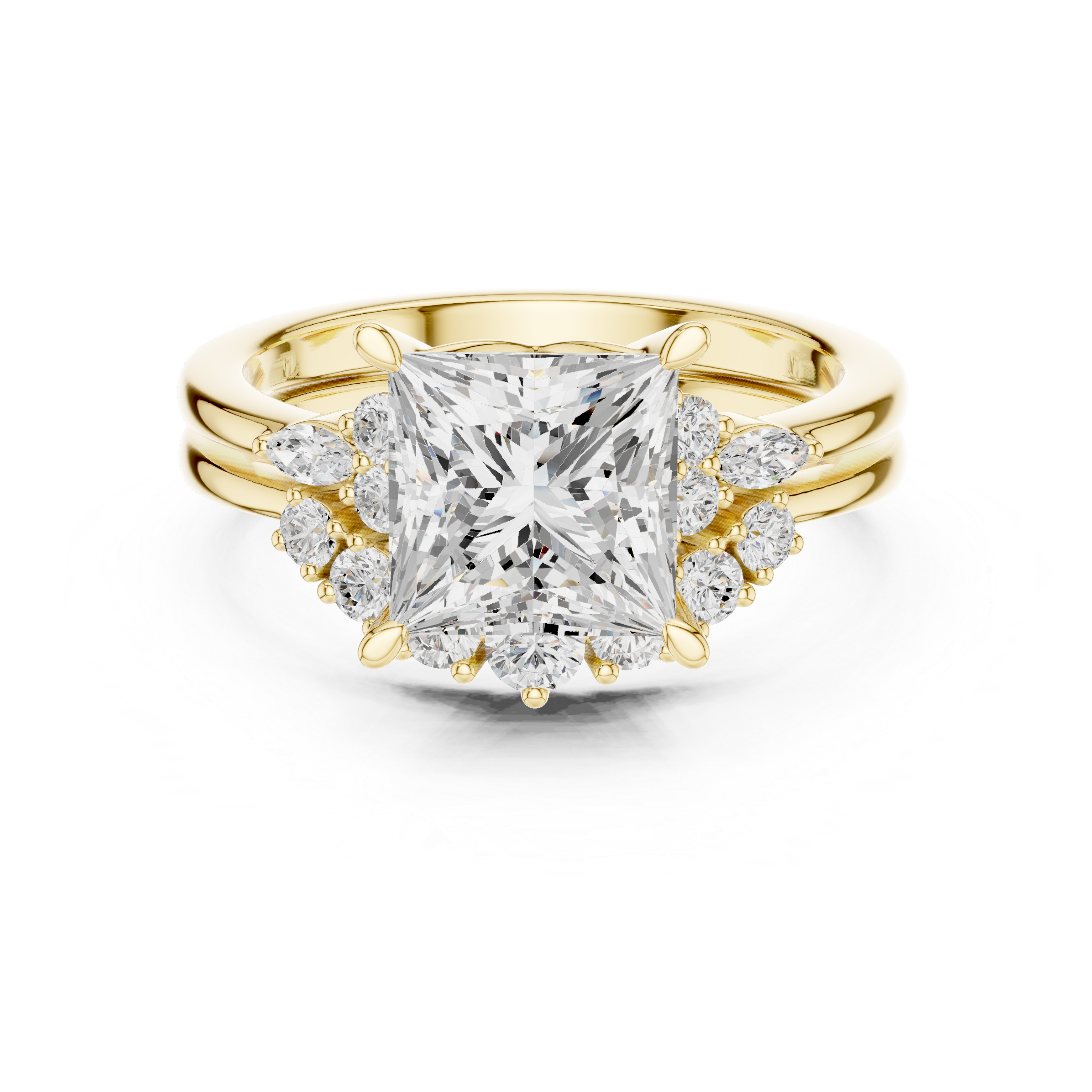 Vintage Inspired Princess Cut Halo Engagement Ring Set with Double Band and Diamond Cluster Accents