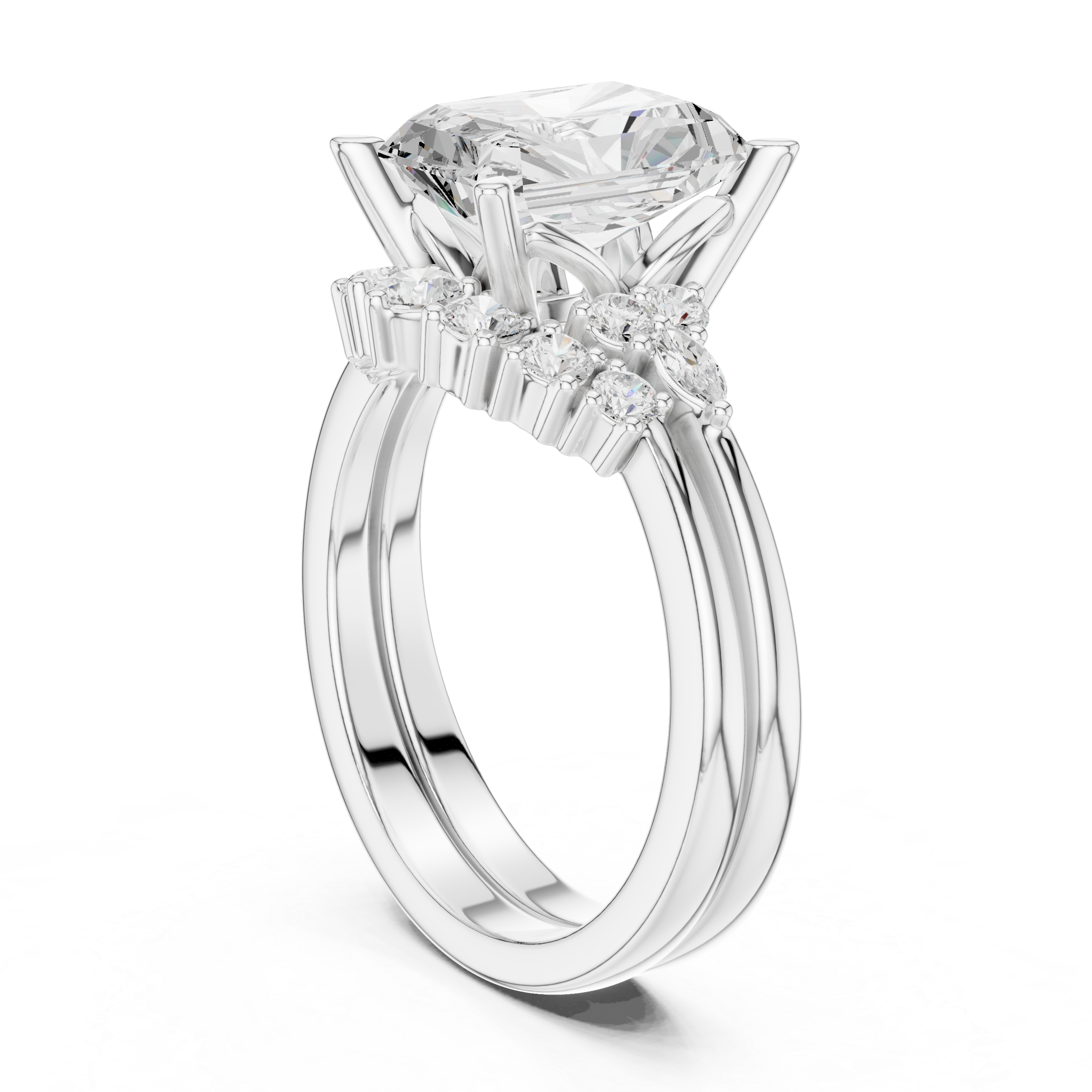 Vintage Inspired Radiant Cut Halo Engagement Ring Set with Double Band and Diamond Cluster Accents