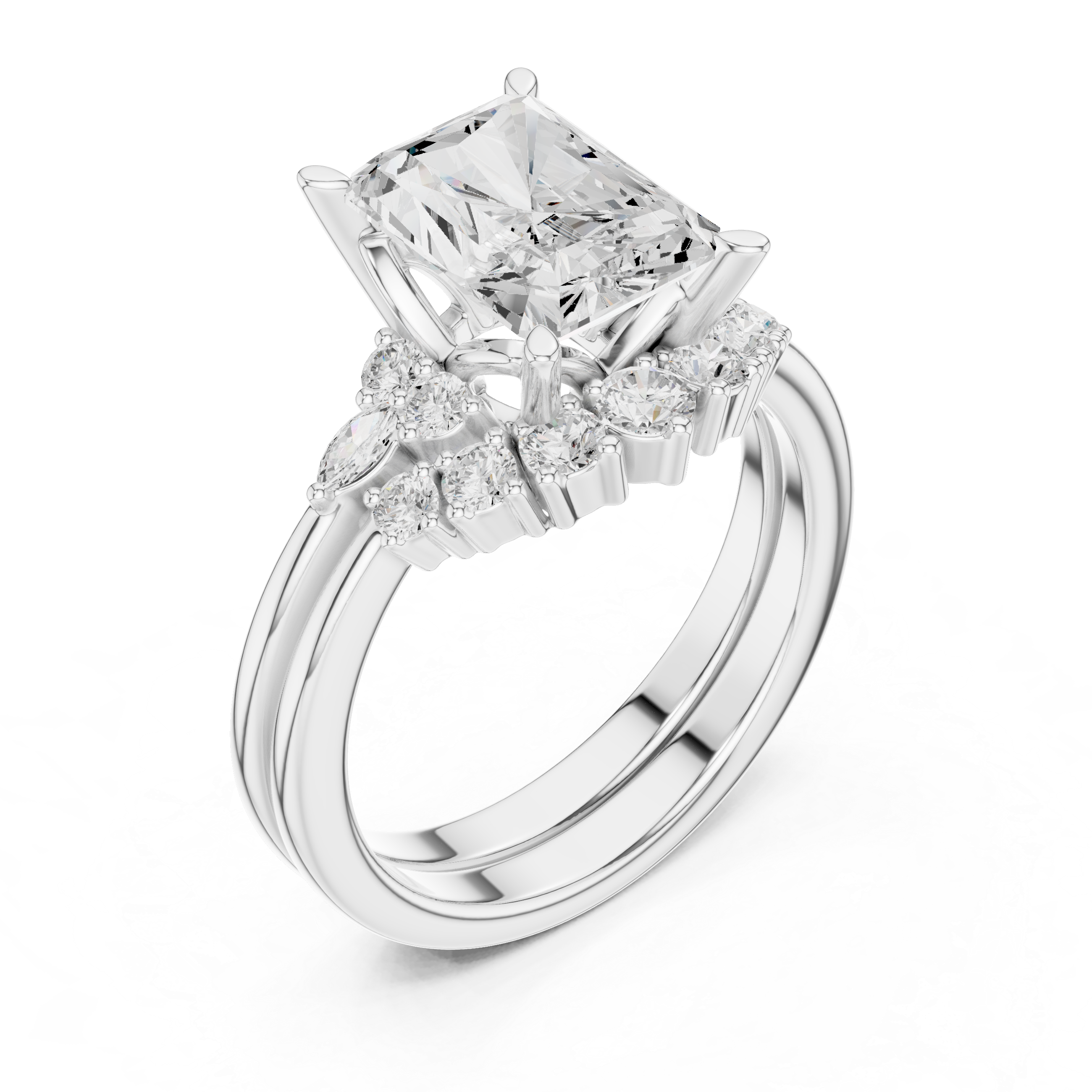 Vintage Inspired Radiant Cut Halo Engagement Ring Set with Double Band and Diamond Cluster Accents