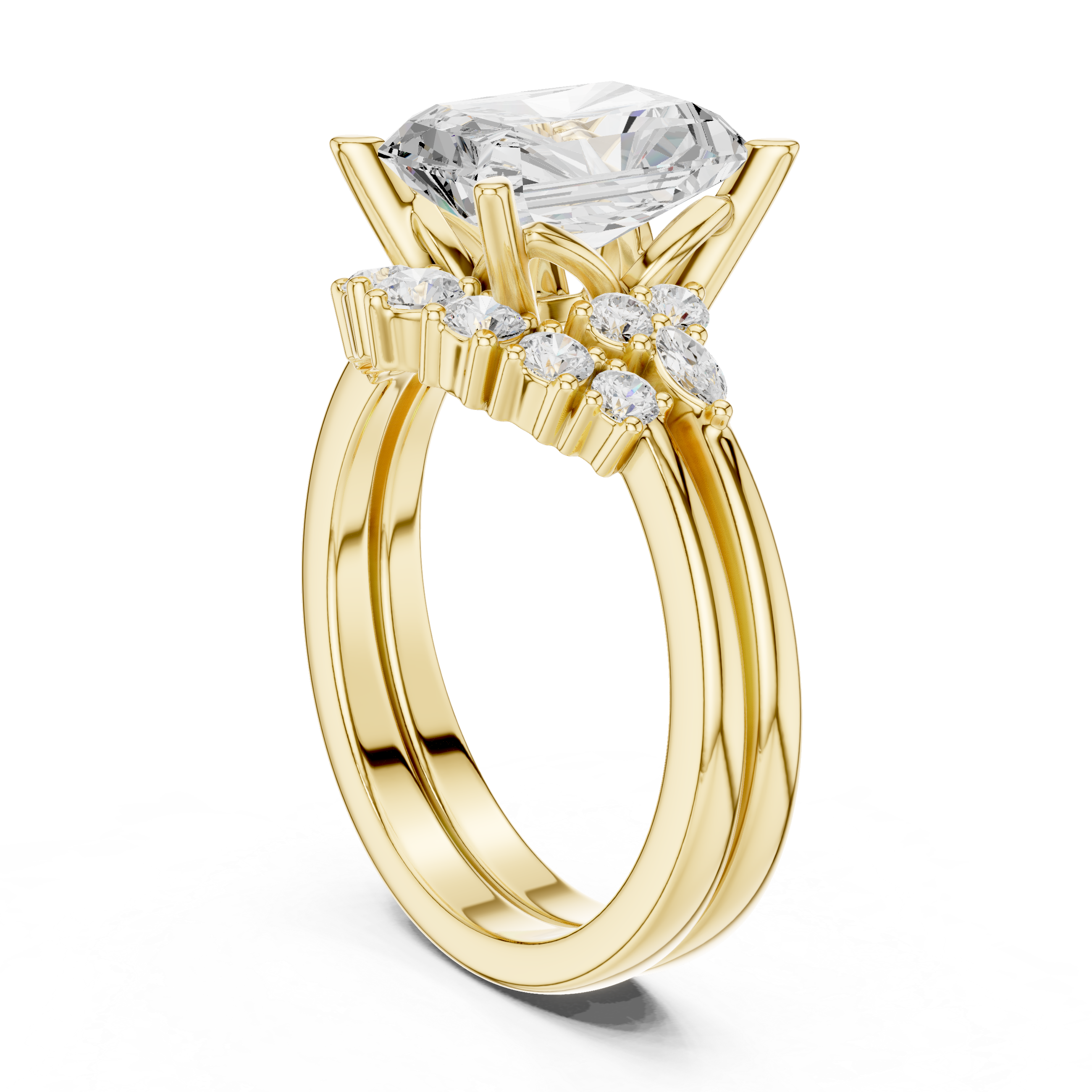 Vintage Inspired Radiant Cut Halo Engagement Ring Set with Double Band and Diamond Cluster Accents