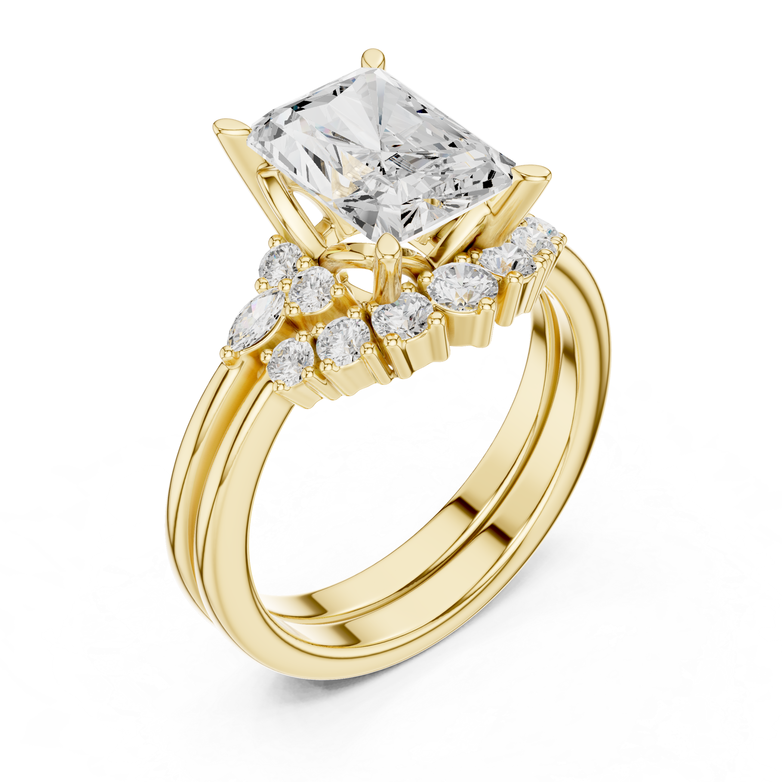 Vintage Inspired Radiant Cut Halo Engagement Ring Set with Double Band and Diamond Cluster Accents
