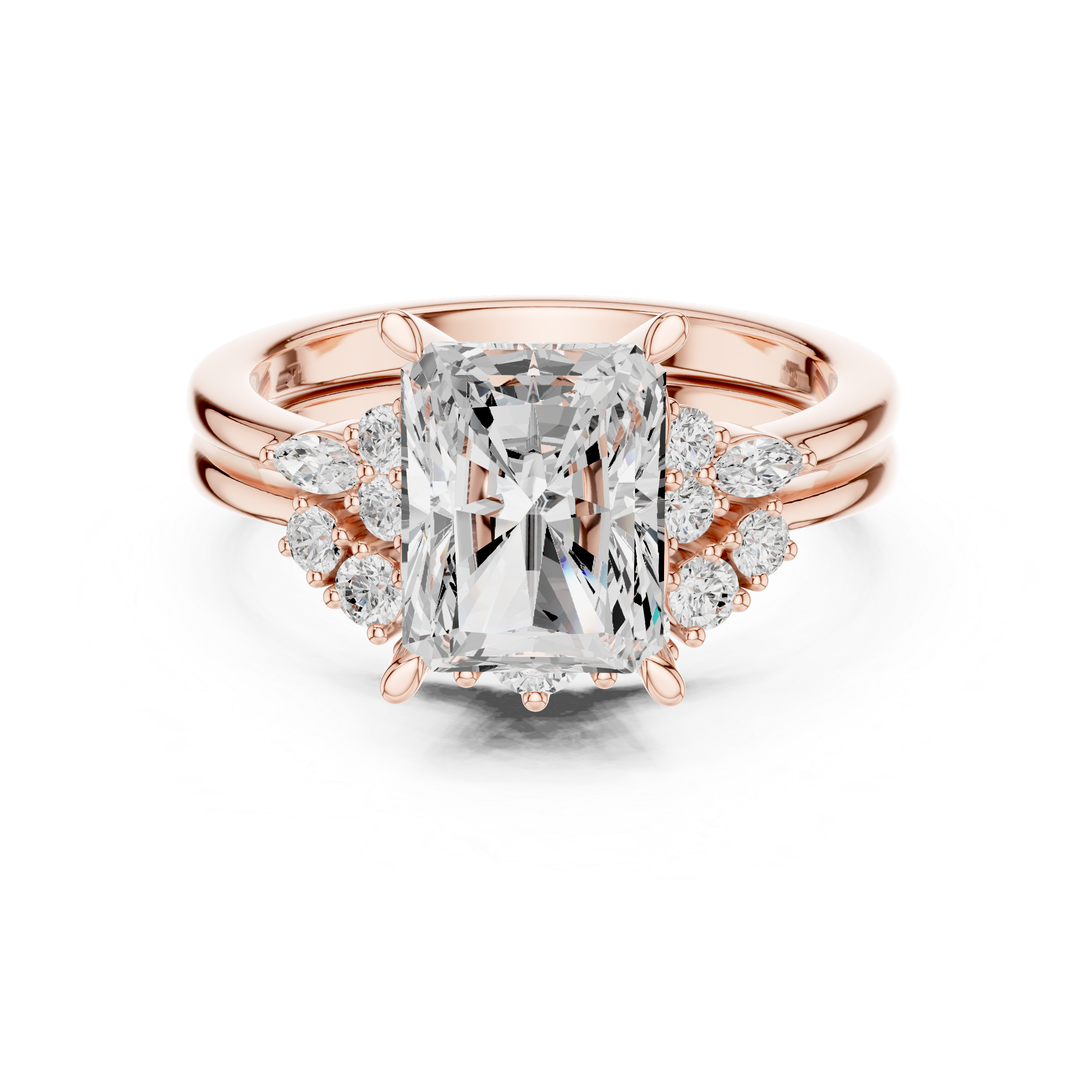 Vintage Inspired Radiant Cut Halo Engagement Ring Set with Double Band and Diamond Cluster Accents
