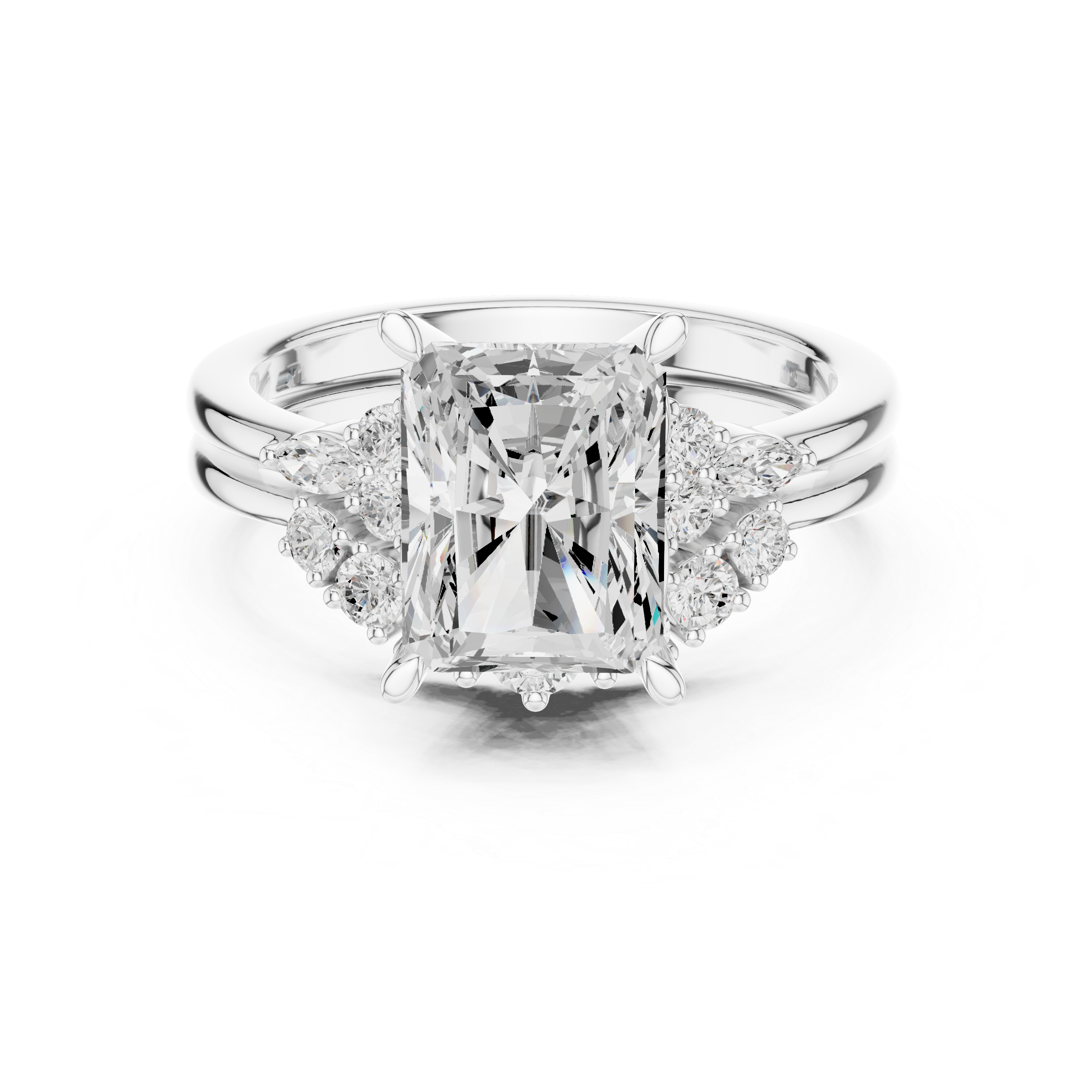 Vintage Inspired Radiant Cut Halo Engagement Ring Set with Double Band and Diamond Cluster Accents
