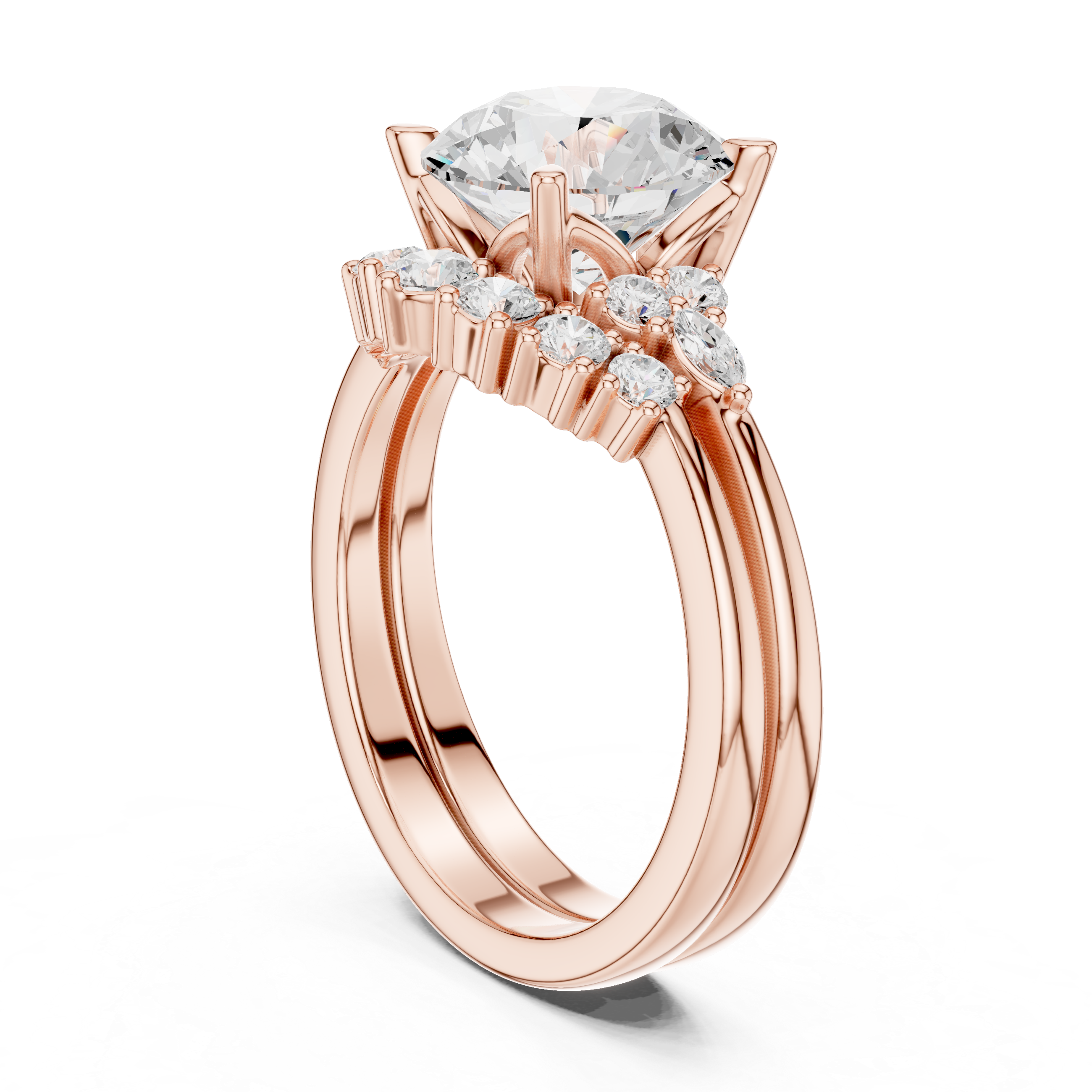 Vintage Inspired Round Cut Halo Engagement Ring Set with Double Band and Diamond Cluster Accents