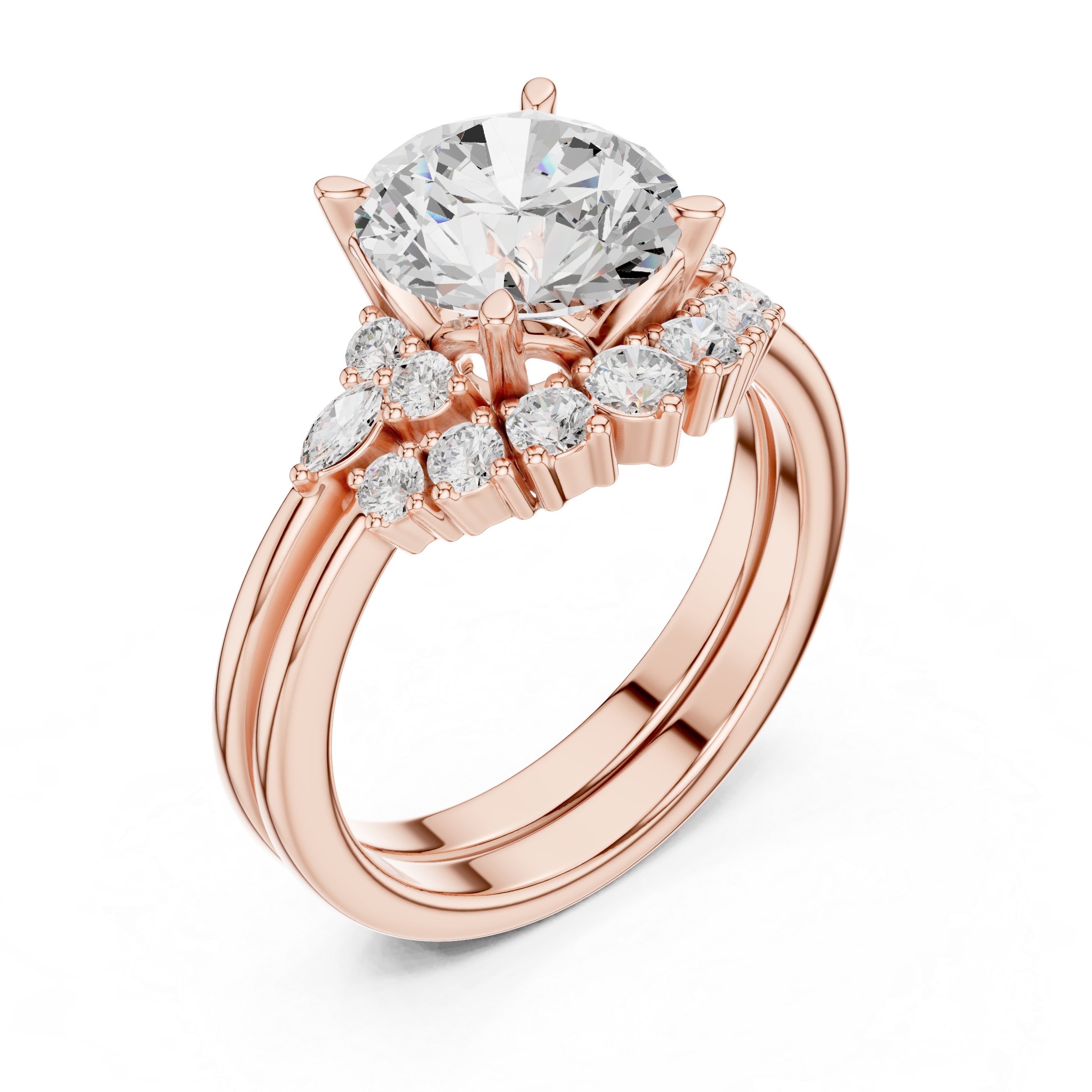 Vintage Inspired Round Cut Halo Engagement Ring Set with Double Band and Diamond Cluster Accents
