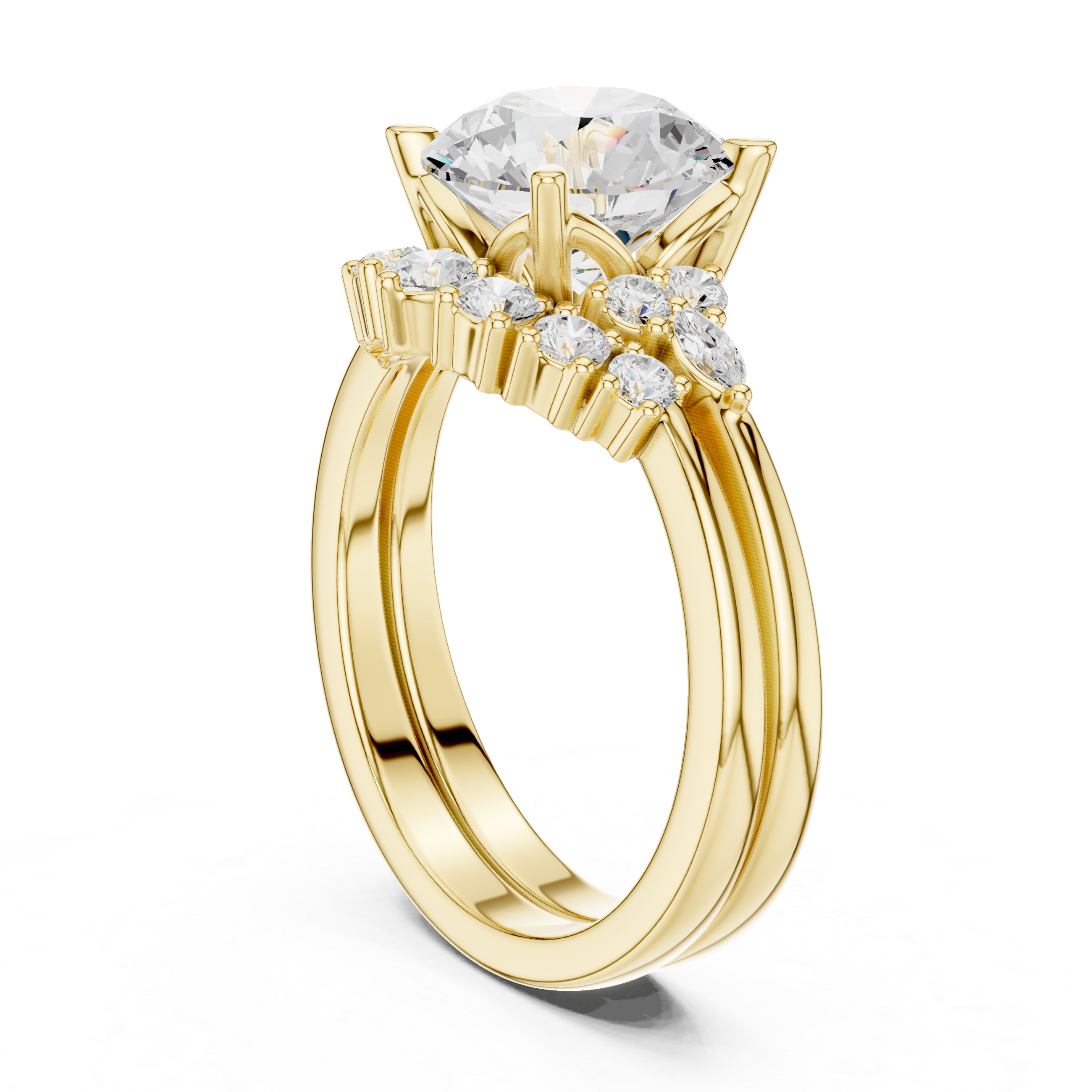 Vintage Inspired Round Cut Halo Engagement Ring Set with Double Band and Diamond Cluster Accents