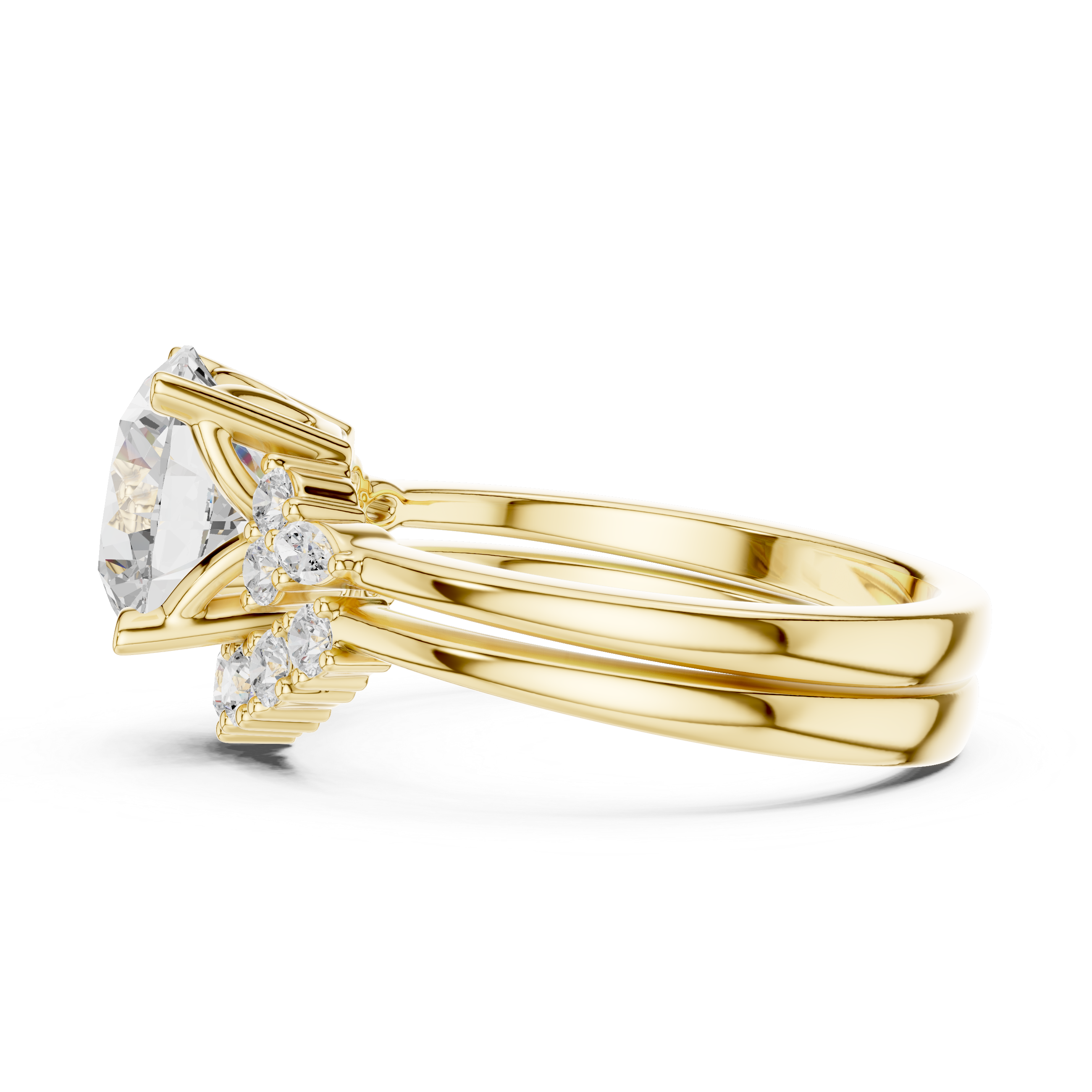 Vintage Inspired Round Cut Halo Engagement Ring Set with Double Band and Diamond Cluster Accents
