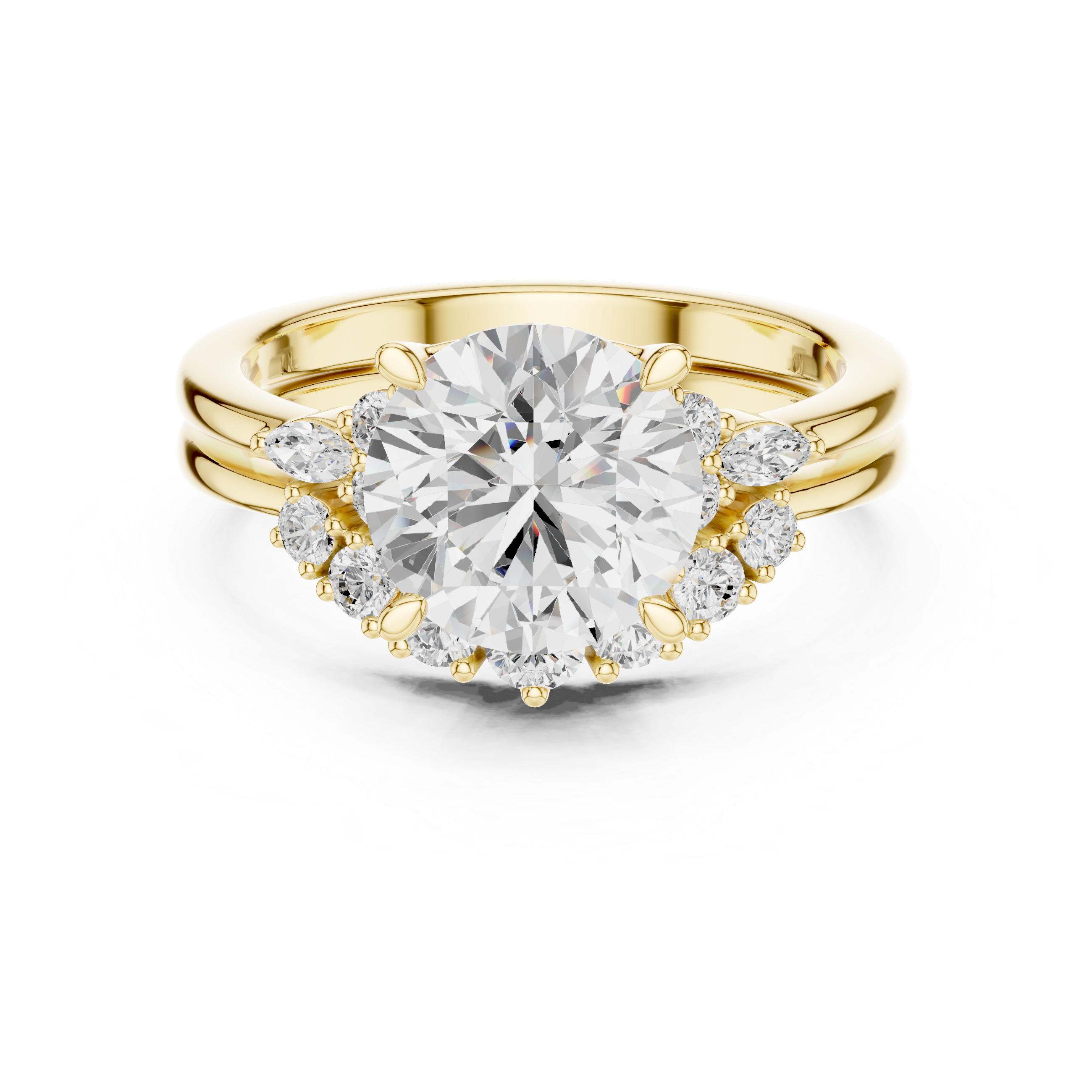 Vintage Inspired Round Cut Halo Engagement Ring Set with Double Band and Diamond Cluster Accents
