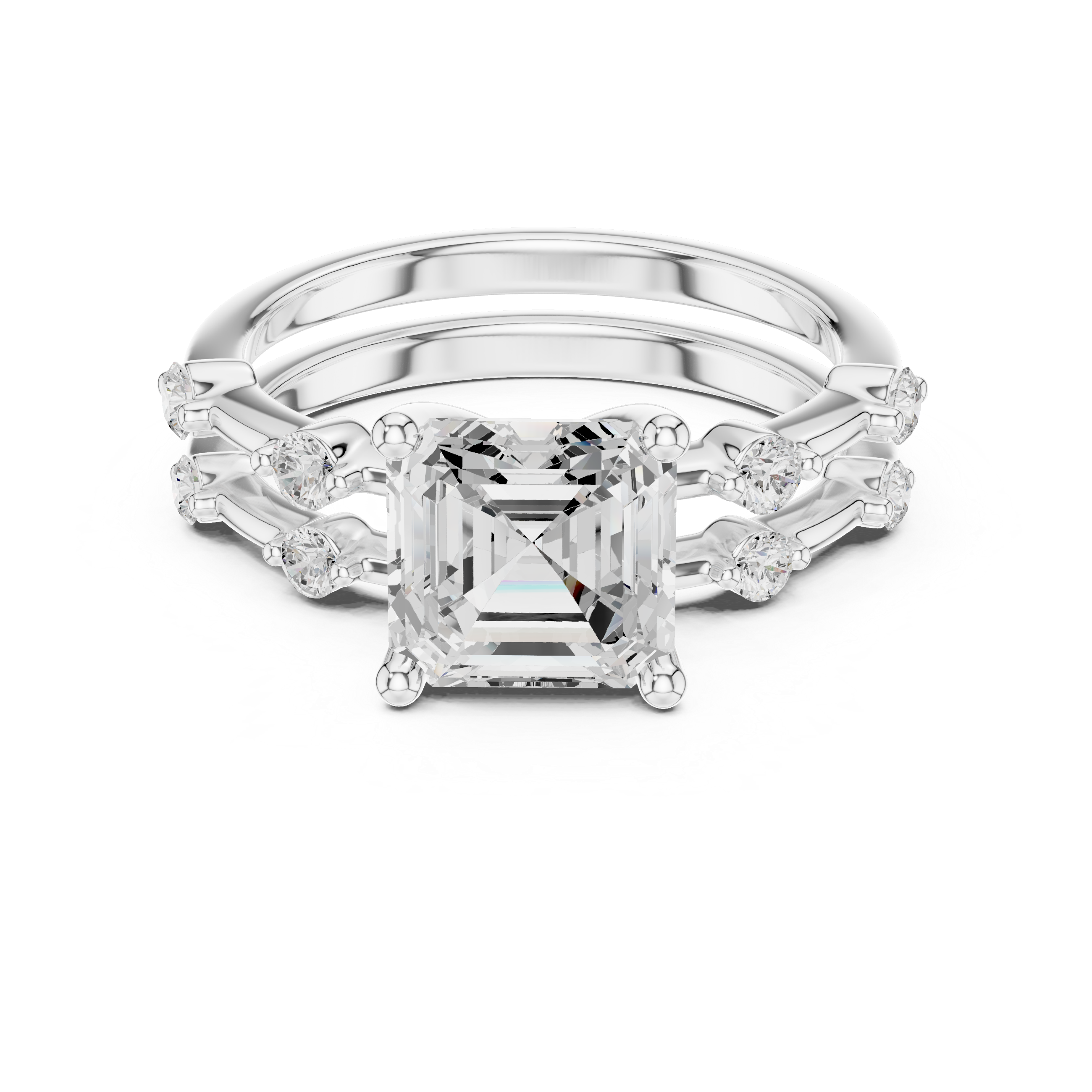 Elegant Asscher Cut Engagement Ring Set with Double Band Diamond Accents
