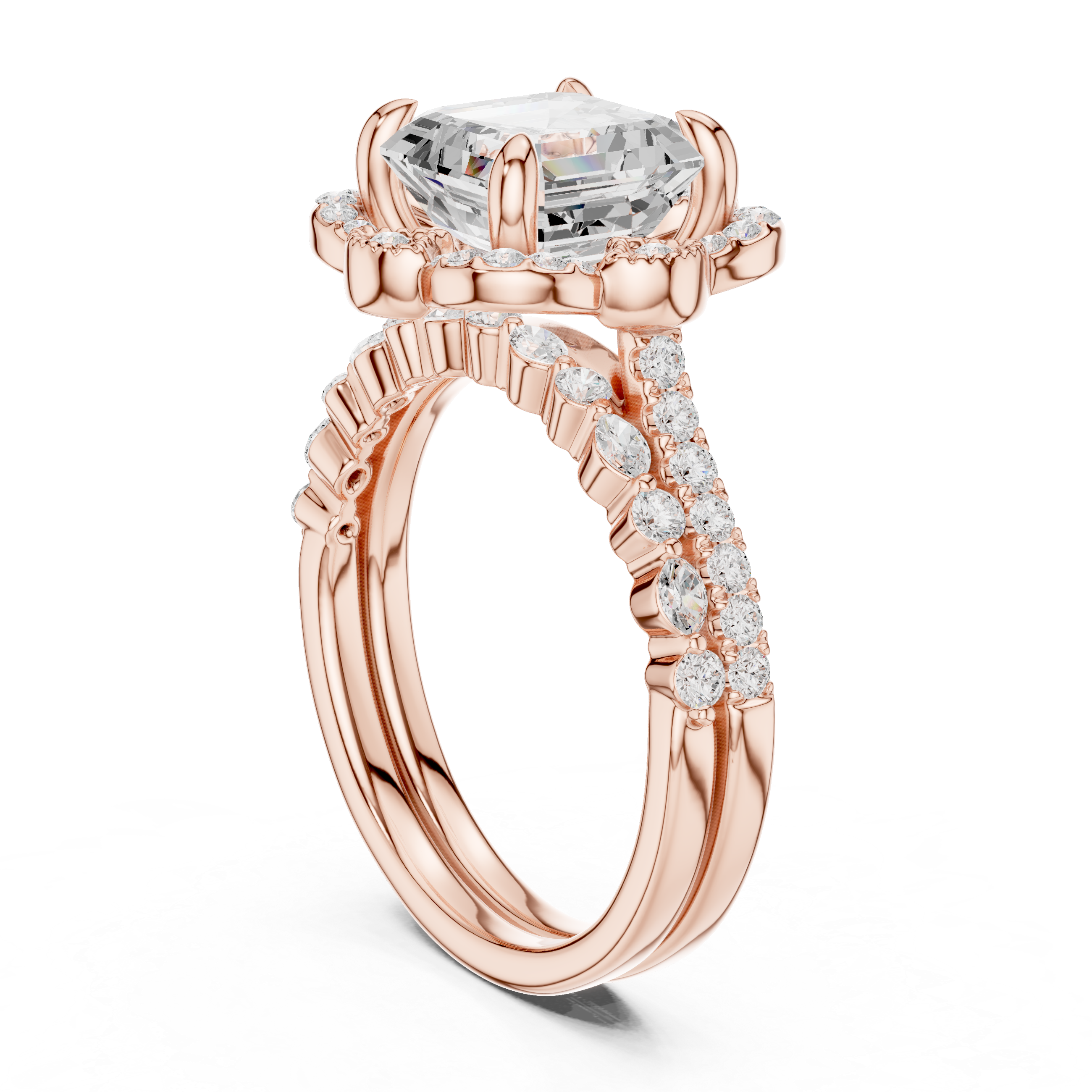 Asscher Cut Floral Halo Engagement Ring with Diamond Accent Split Band