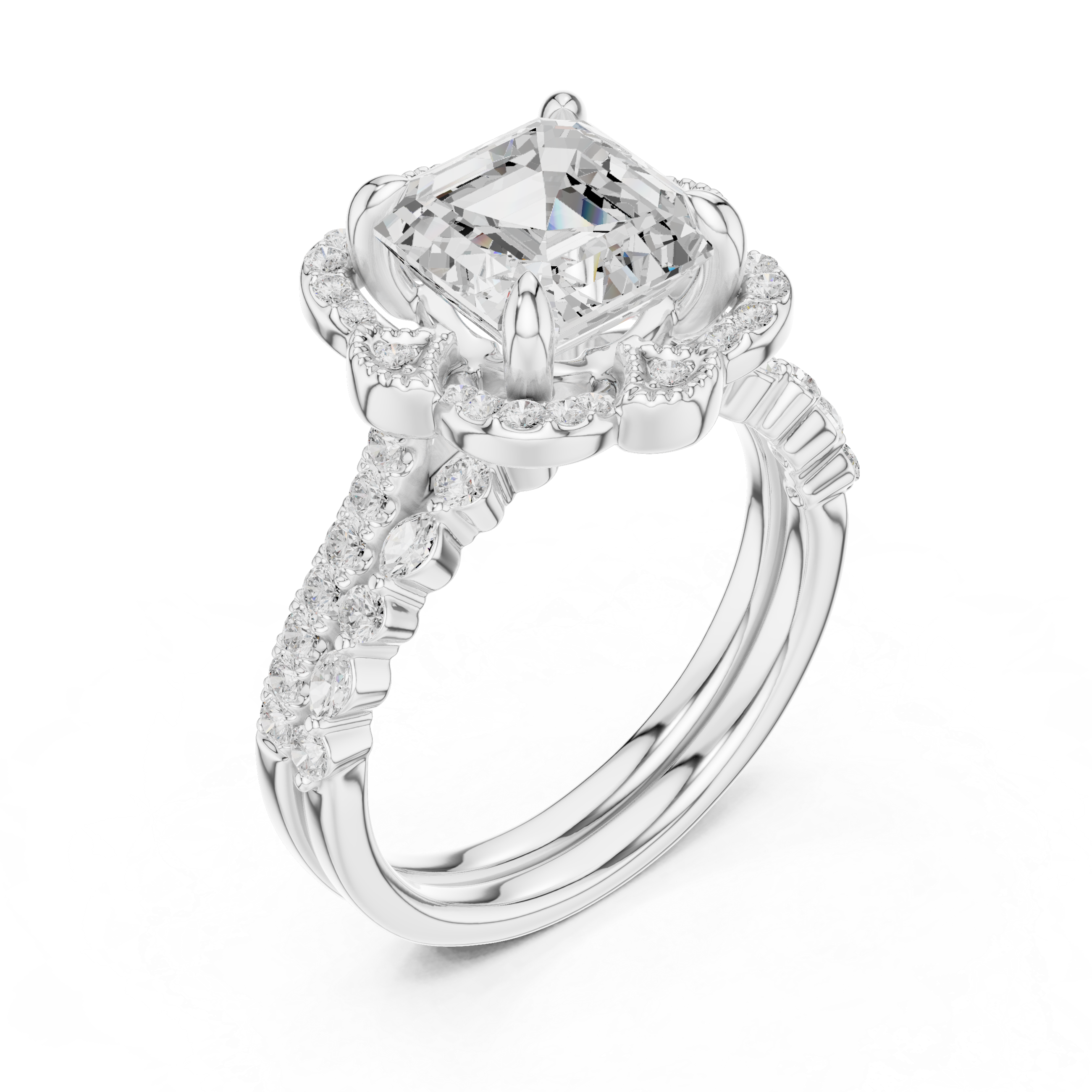 Asscher Cut Floral Halo Engagement Ring with Diamond Accent Split Band