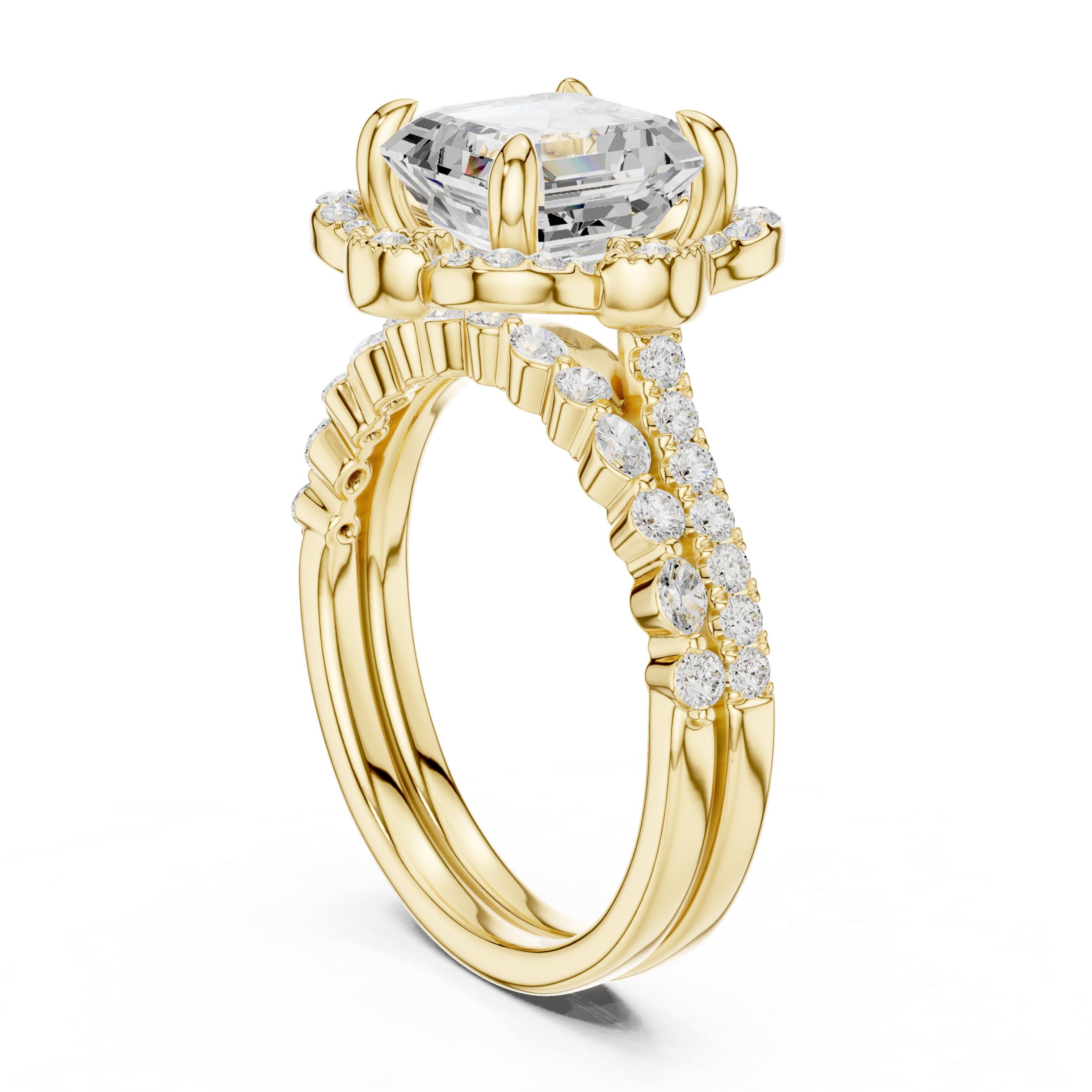 Asscher Cut Floral Halo Engagement Ring with Diamond Accent Split Band